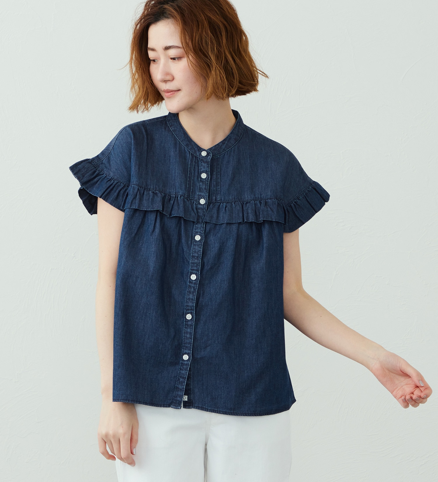 SOMETHING(サムシング)のSOMETHING フリルタックノースリーブシャツ|トップス/シャツ/ブラウス/レディース|濃色ブルー