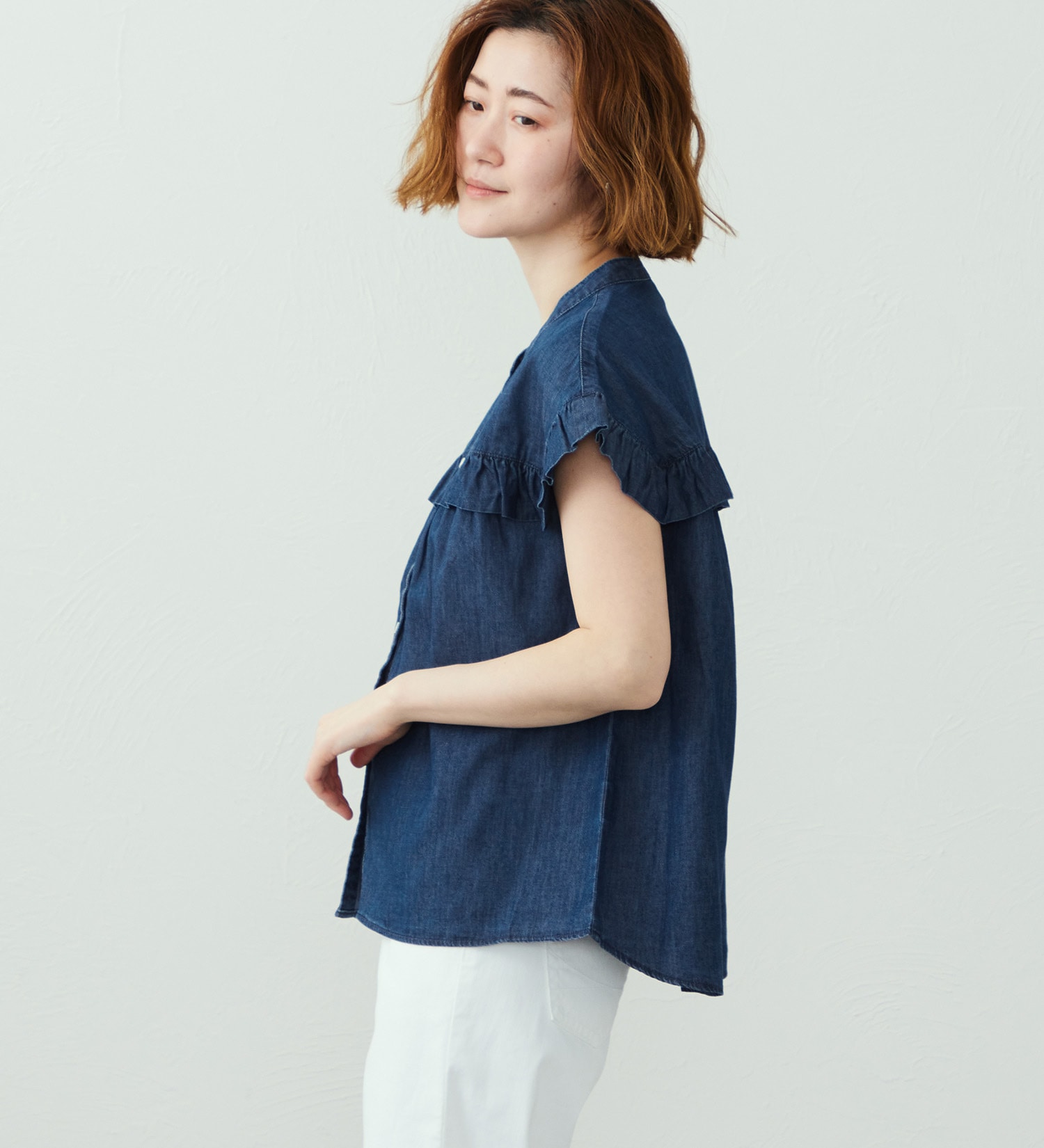 SOMETHING(サムシング)のSOMETHING フリルタックノースリーブシャツ|トップス/シャツ/ブラウス/レディース|濃色ブルー