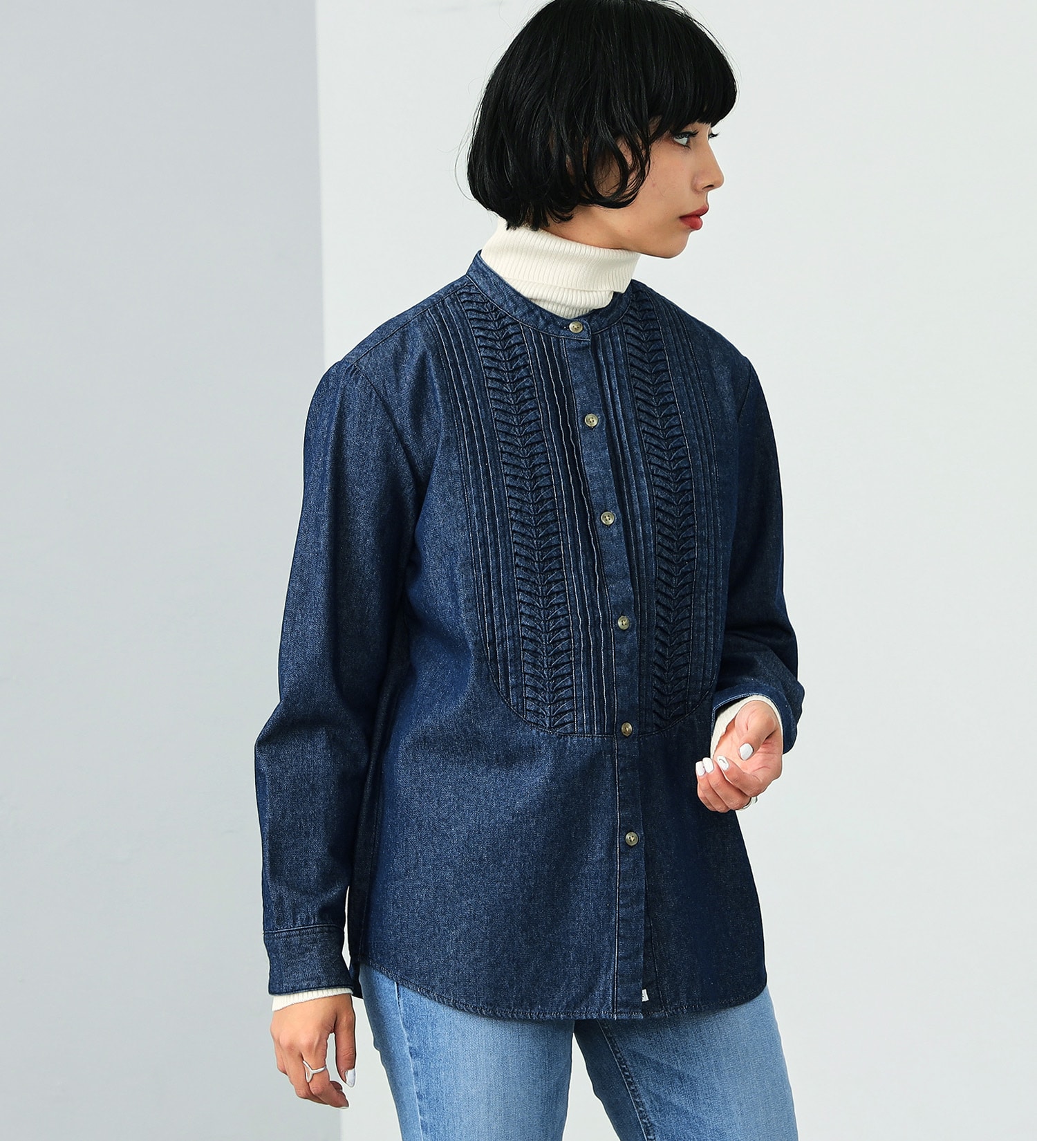 SOMETHING(サムシング)のバンドカラー デニムシャツ|トップス/シャツ/ブラウス/レディース|インディゴブルー