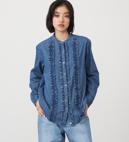 SOMETHING(サムシング)のSOMETHING シーグラスフリルデニムシャツ|トップス/シャツ/ブラウス/レディース|淡色ブルー