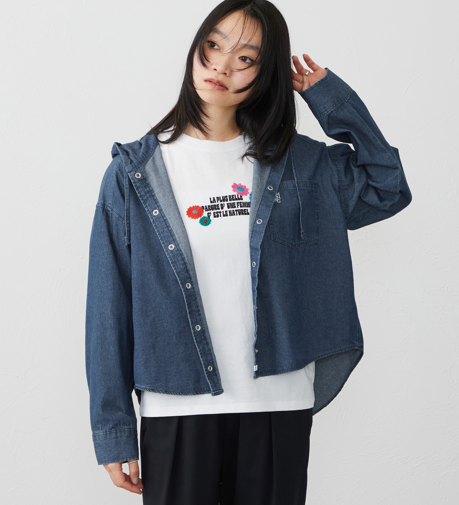 SOMETHING(サムシング)のSOMETHING フーデットデニムシャツ|トップス/シャツ/ブラウス/レディース|濃色ブルー