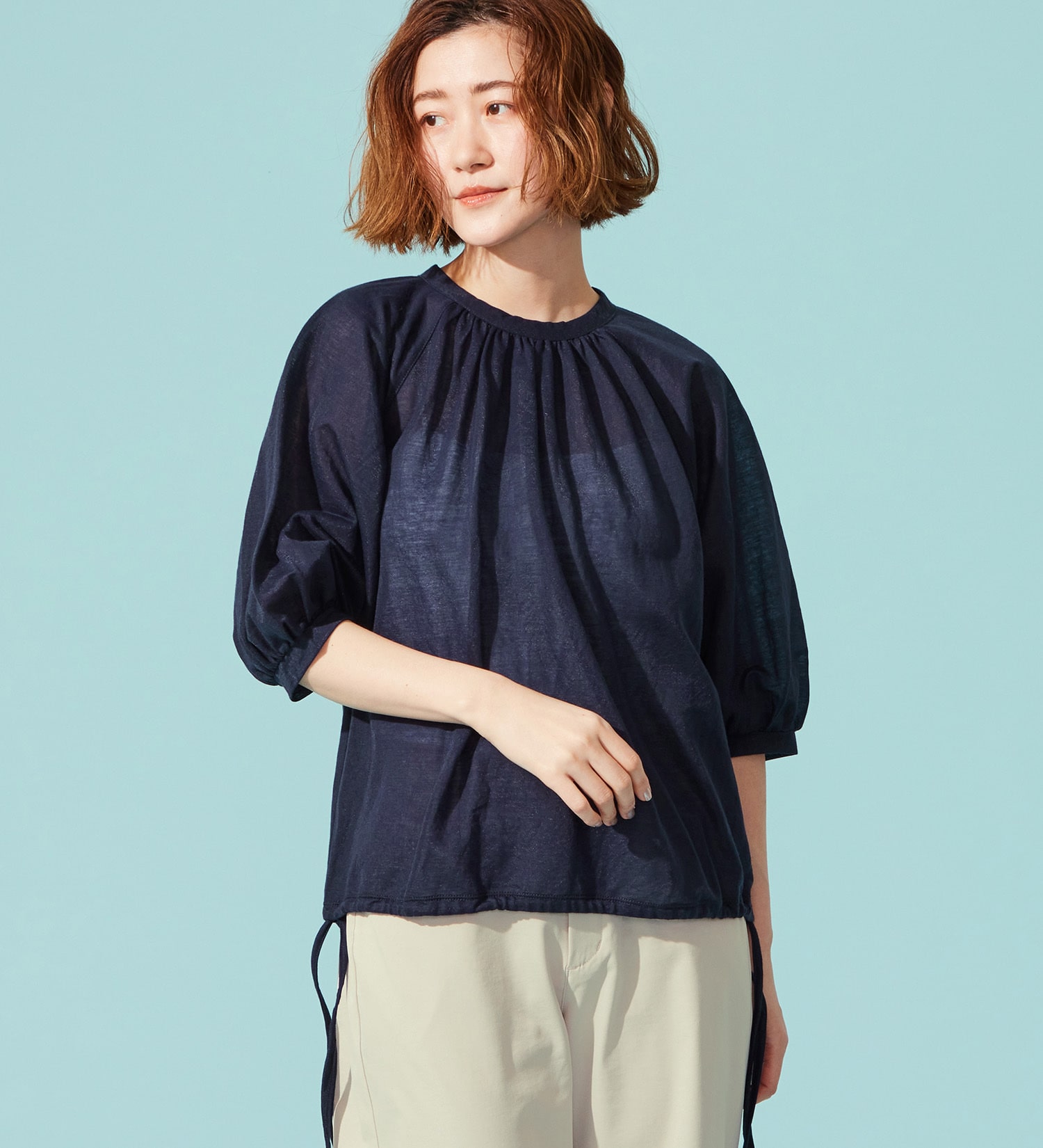 SOMETHING(サムシング)のSOMETHING ドルマンスリーブカットソー【ミドルスリーブ】|トップス/Tシャツ/カットソー/レディース|ネイビー