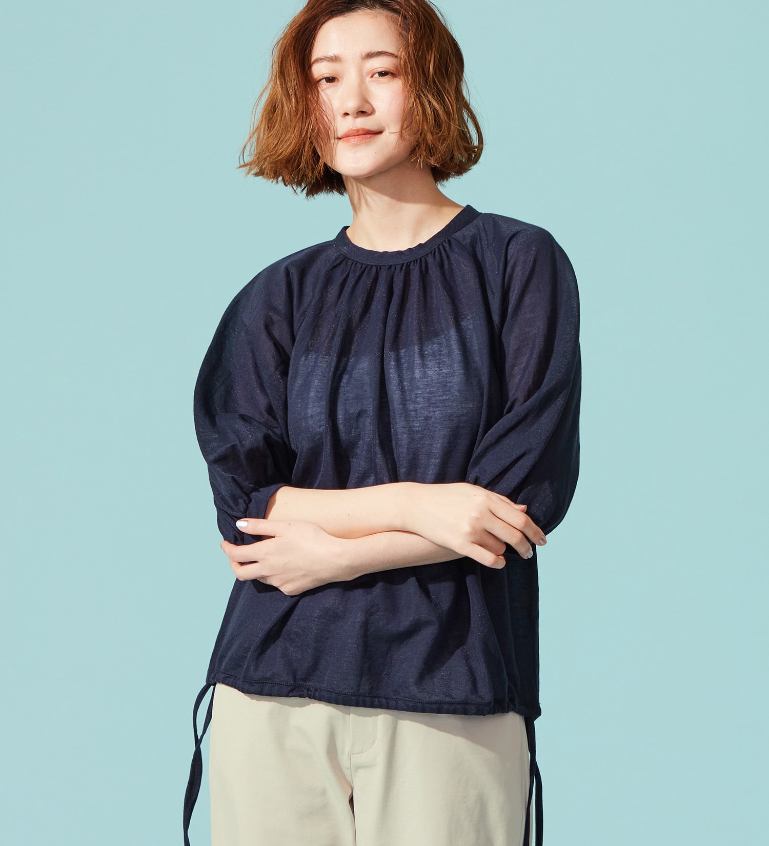 SOMETHING(サムシング)のSOMETHING ドルマンスリーブカットソー【ミドルスリーブ】|トップス/Tシャツ/カットソー/レディース|ネイビー