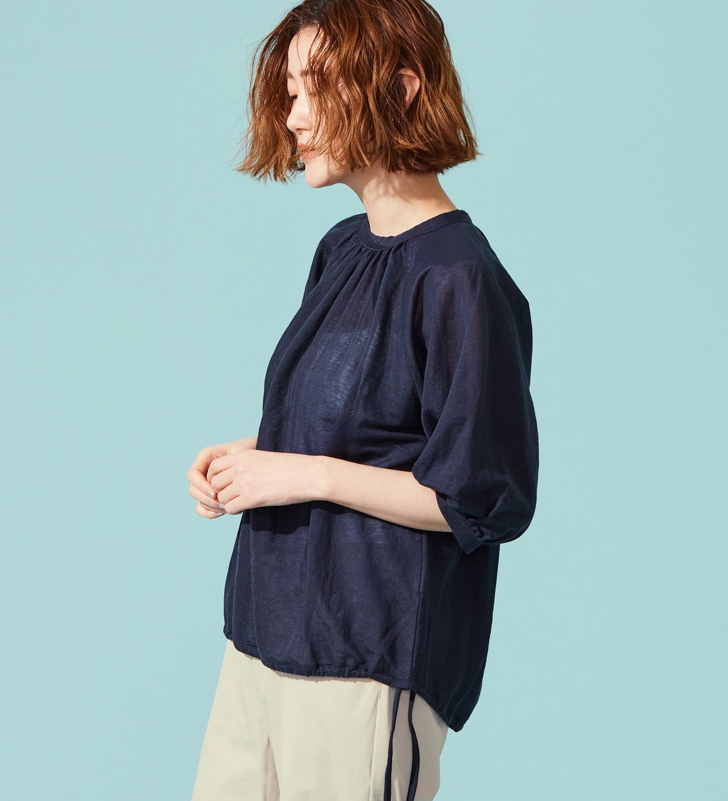 SOMETHING(サムシング)のSOMETHING ドルマンスリーブカットソー【ミドルスリーブ】|トップス/Tシャツ/カットソー/レディース|ネイビー