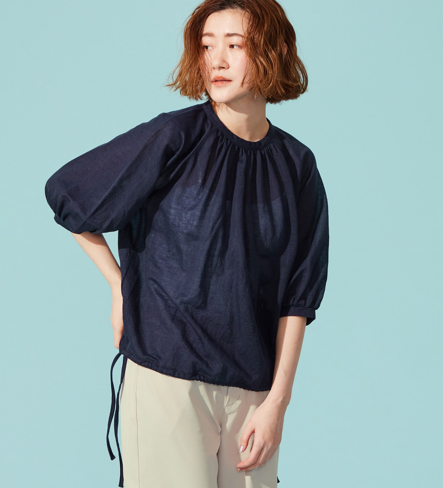 SOMETHING(サムシング)のSOMETHING ドルマンスリーブカットソー【ミドルスリーブ】|トップス/Tシャツ/カットソー/レディース|ネイビー