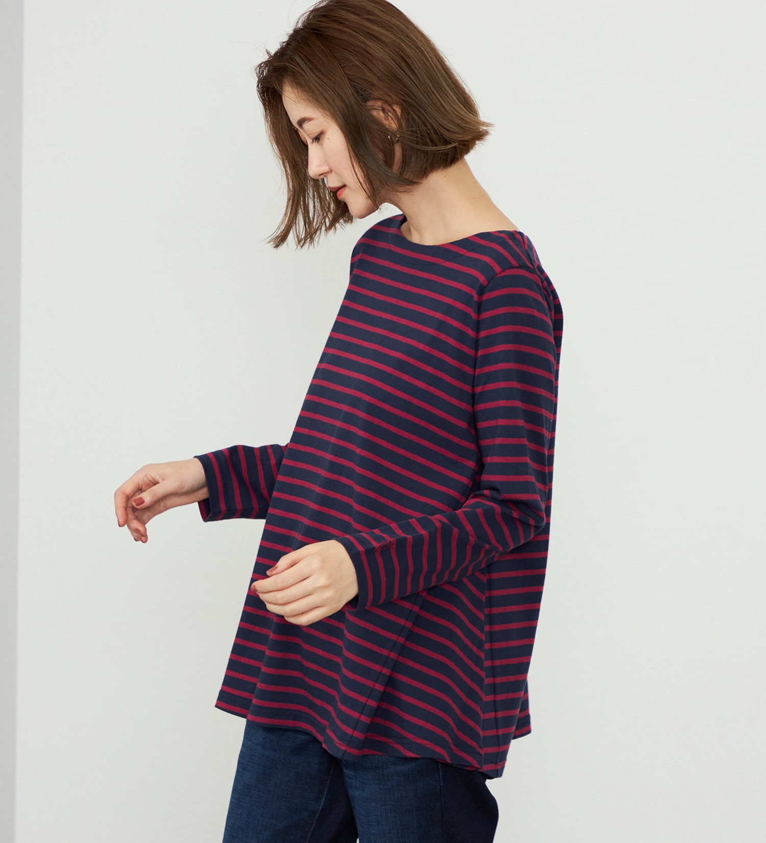 SOMETHING(サムシング)のSOMETHING ボーダーフレア長袖カットソー|トップス/Tシャツ/カットソー/レディース|ネイビー