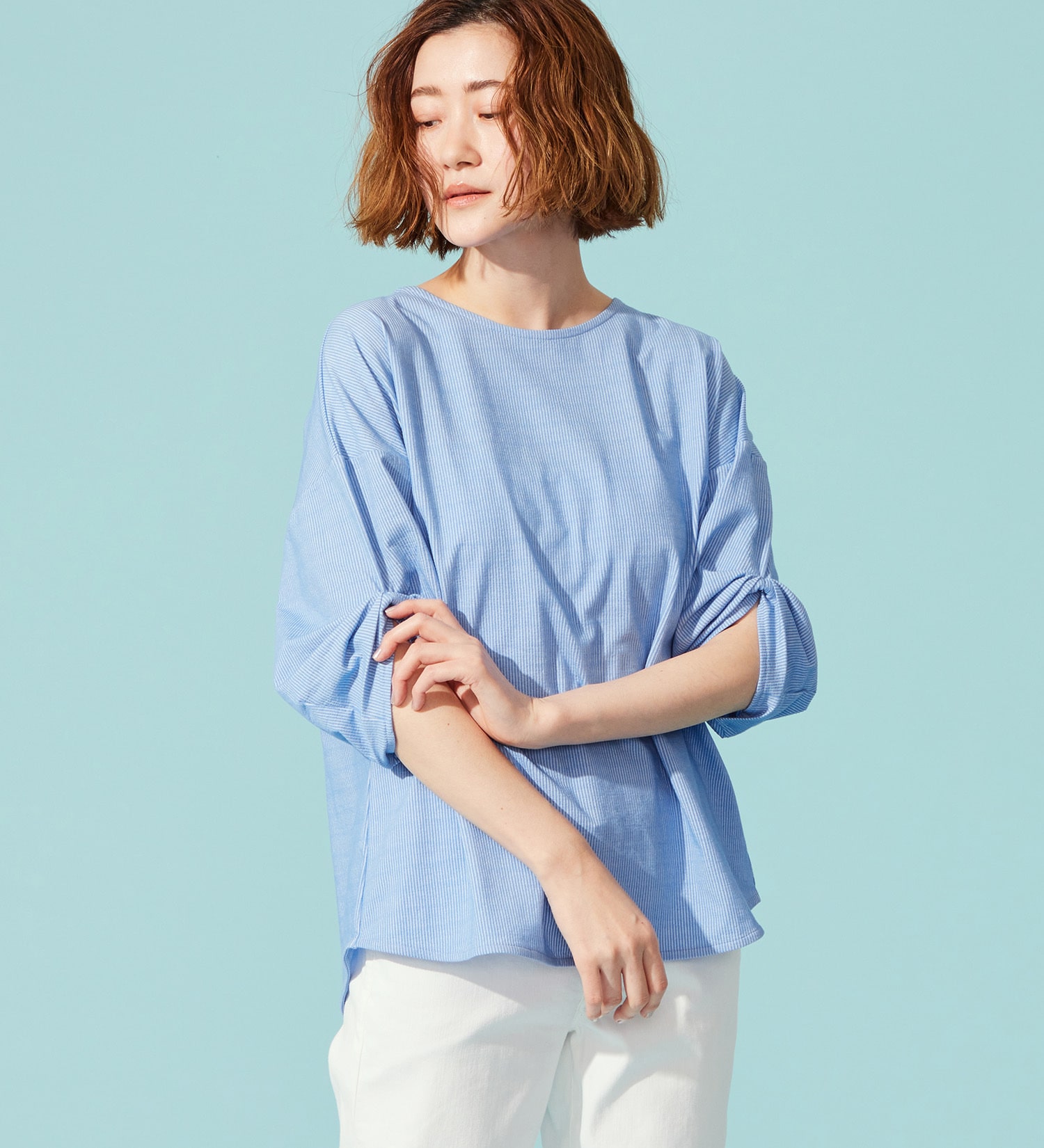 SOMETHING(サムシング)のSOMETHING バイオサッカータックスリーブカットソー|トップス/Tシャツ/カットソー/レディース|ライトブルー