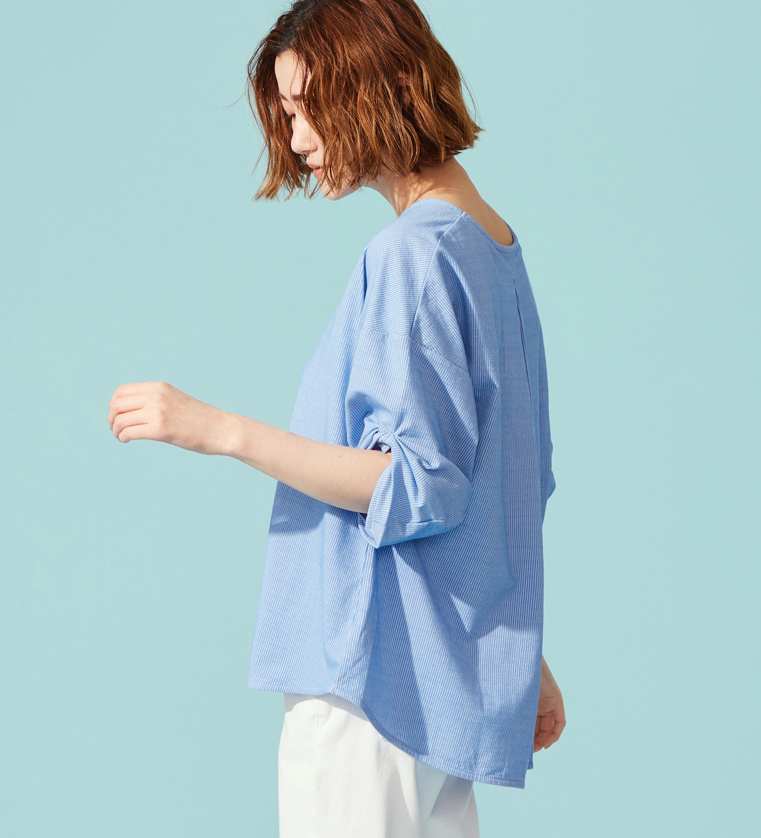 SOMETHING(サムシング)のSOMETHING バイオサッカータックスリーブカットソー|トップス/Tシャツ/カットソー/レディース|ライトブルー