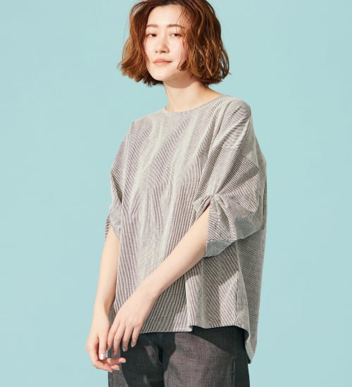 SOMETHING(サムシング)のSOMETHING バイオサッカータックスリーブカットソー|トップス/Tシャツ/カットソー/レディース|ホワイト×ブラック