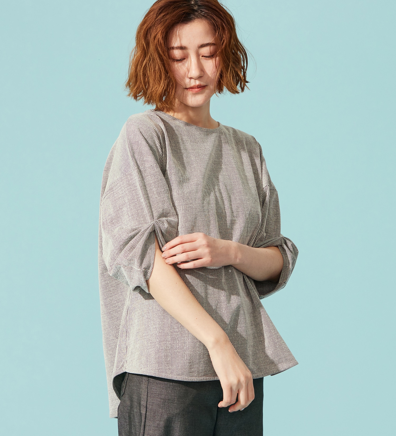 SOMETHING(サムシング)のSOMETHING バイオサッカータックスリーブカットソー|トップス/Tシャツ/カットソー/レディース|ホワイト×ブラック