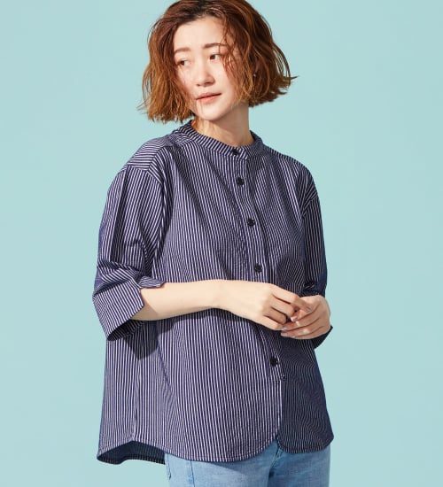 SOMETHING(サムシング)のSOMETHING バイオサッカーバンドカラーシャツ|トップス/シャツ/ブラウス/レディース|ネイビー