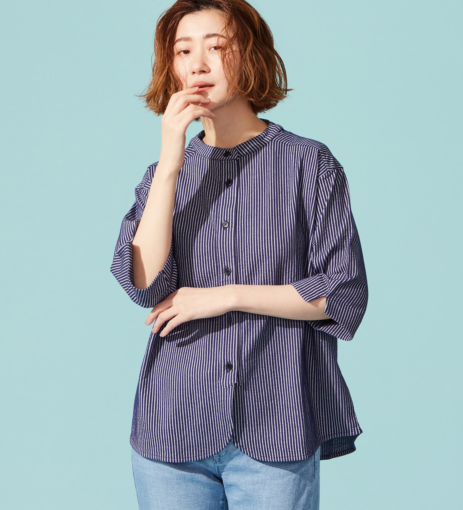 SOMETHING(サムシング)のSOMETHING バイオサッカーバンドカラーシャツ|トップス/シャツ/ブラウス/レディース|ネイビー