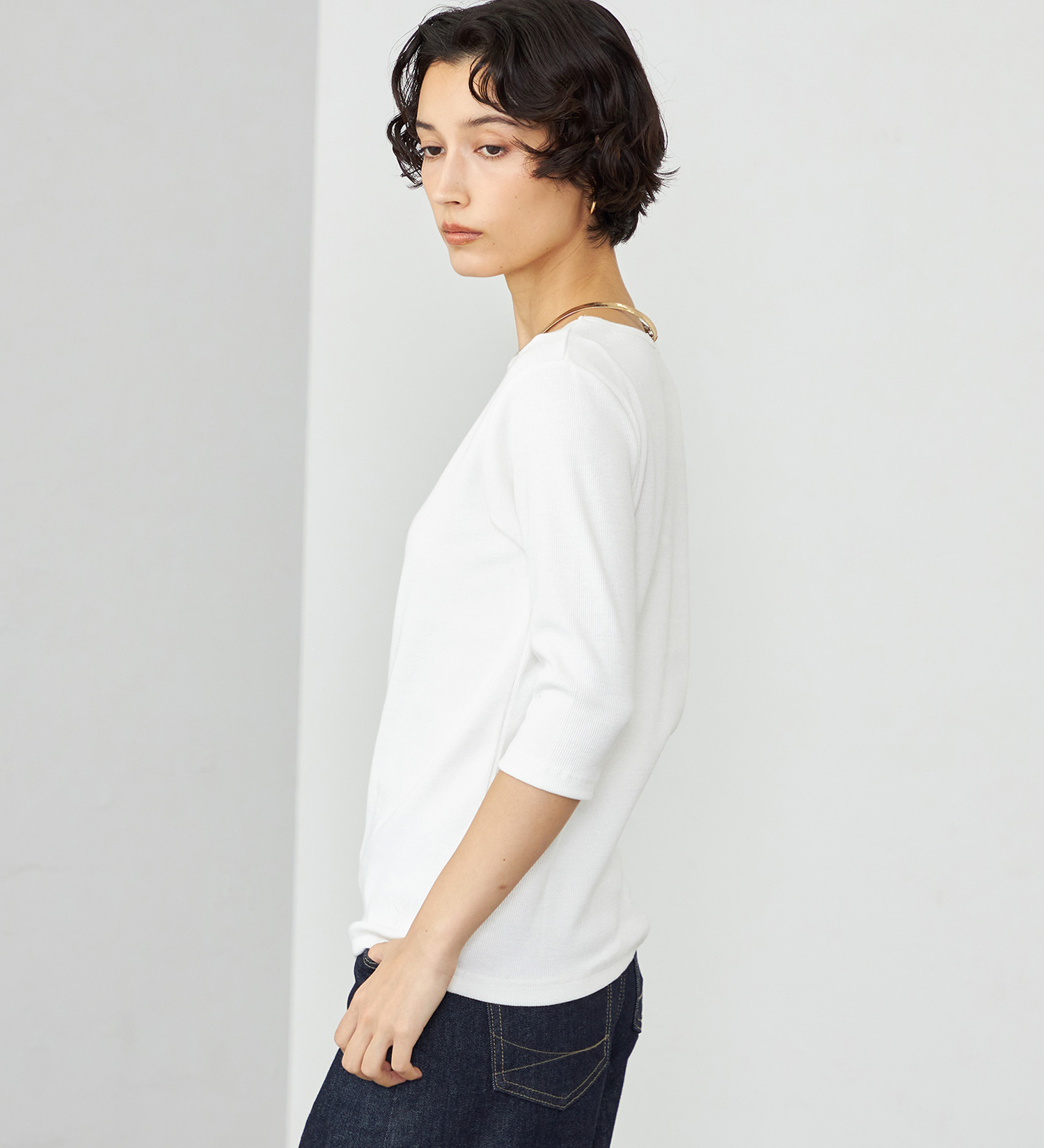 SOMETHING(サムシング)のSOMETHING ボートネックミドルスリーブリブカットソー|トップス/Tシャツ/カットソー/レディース|ホワイト
