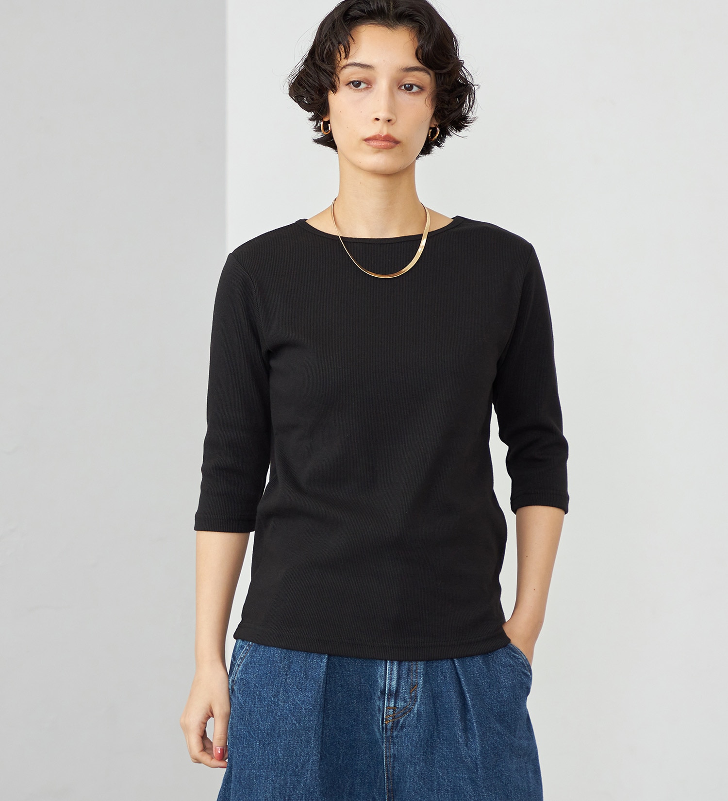 SOMETHING(サムシング)のSOMETHING ボートネックミドルスリーブリブカットソー|トップス/Tシャツ/カットソー/レディース|ブラック