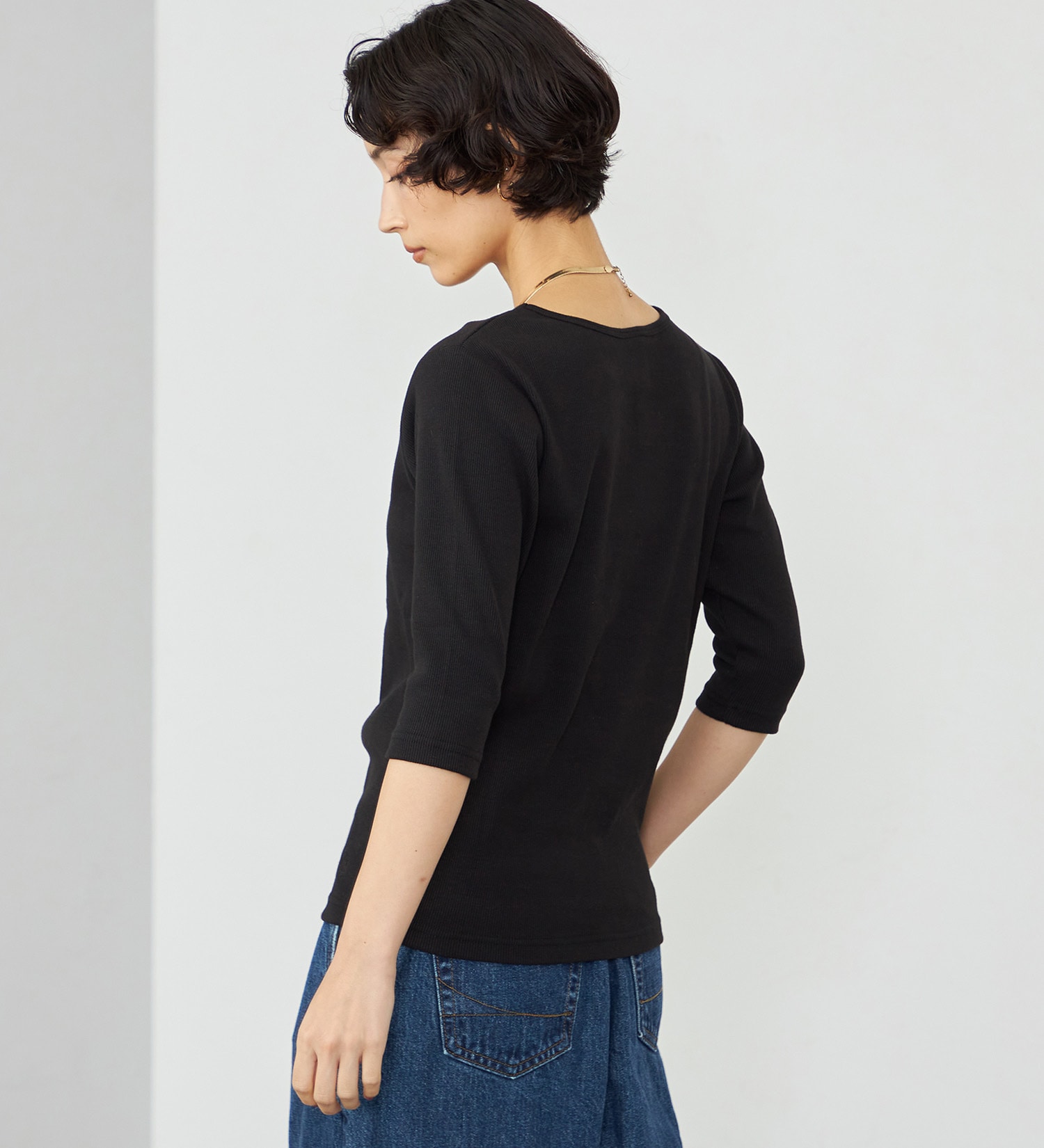 SOMETHING(サムシング)のSOMETHING ボートネックミドルスリーブリブカットソー|トップス/Tシャツ/カットソー/レディース|ブラック