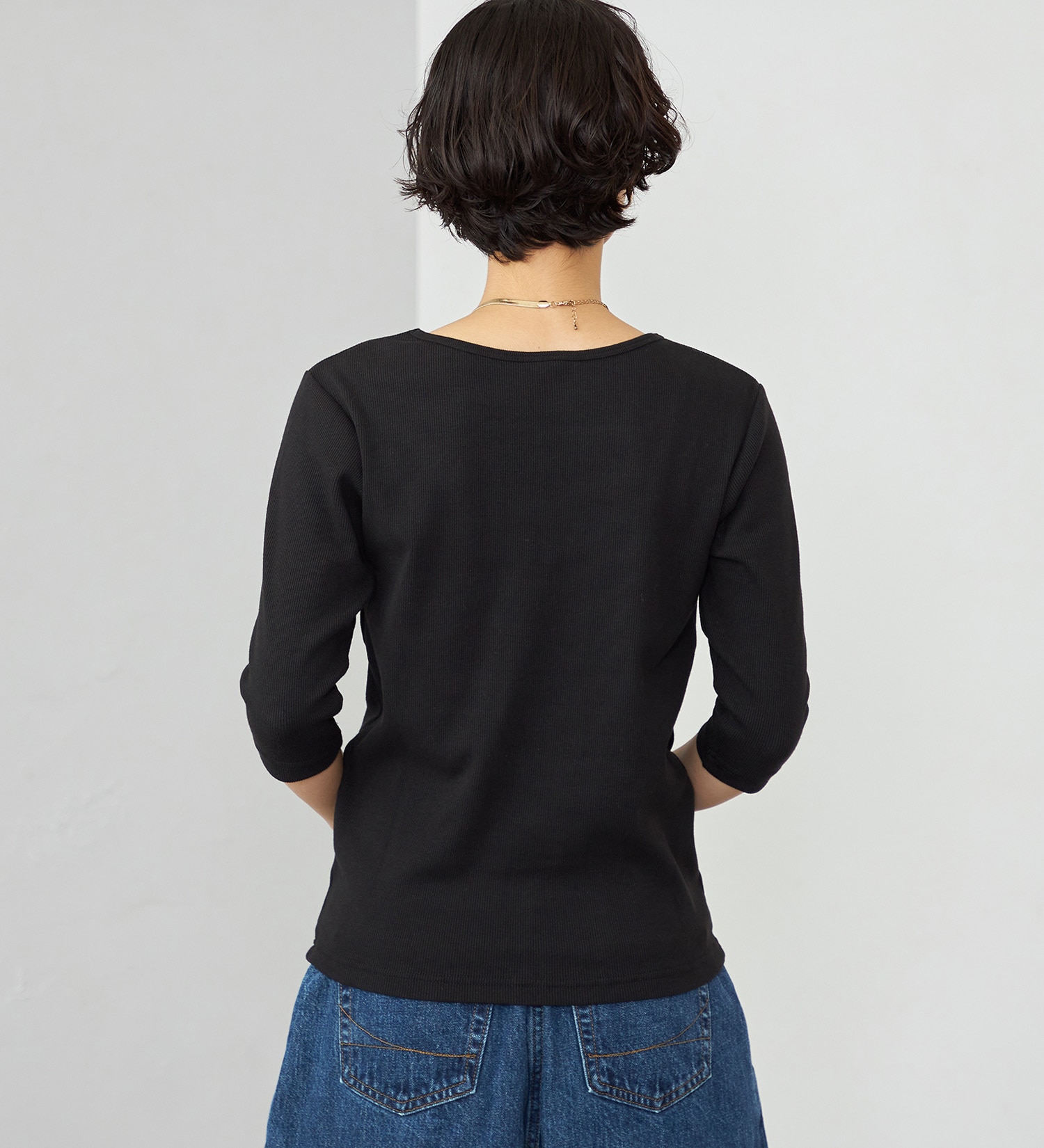 SOMETHING(サムシング)のSOMETHING ボートネックミドルスリーブリブカットソー|トップス/Tシャツ/カットソー/レディース|ブラック