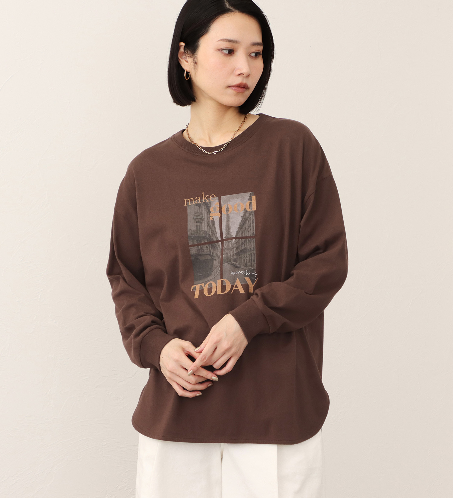 SOMETHING(サムシング)のSOMETHING ラウンドヘム長袖Tシャツ|トップス/Tシャツ/カットソー/レディース|ブラウン