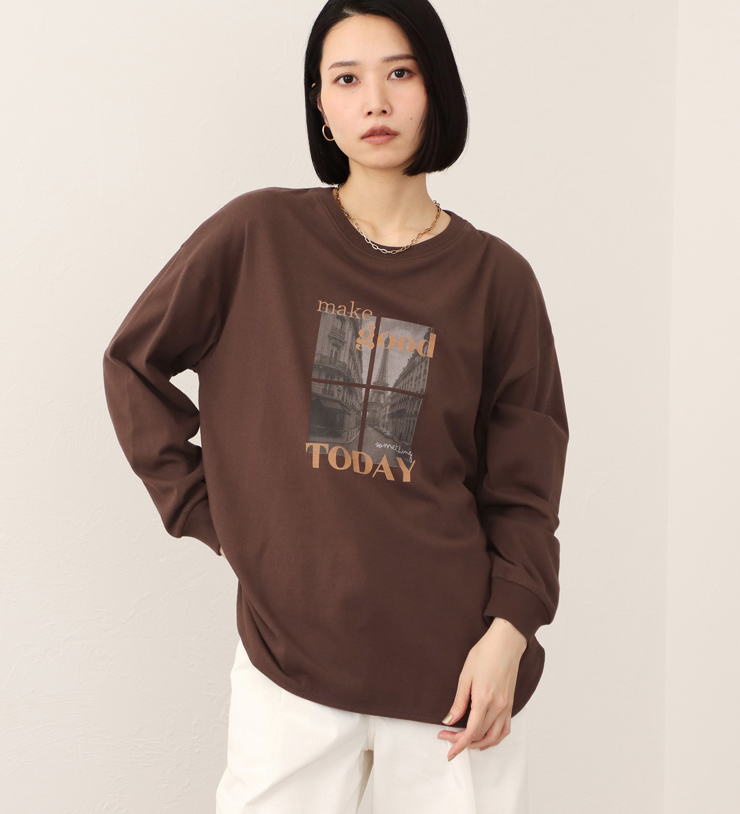 SOMETHING(サムシング)のSOMETHING ラウンドヘム長袖Tシャツ|トップス/Tシャツ/カットソー/レディース|ブラウン