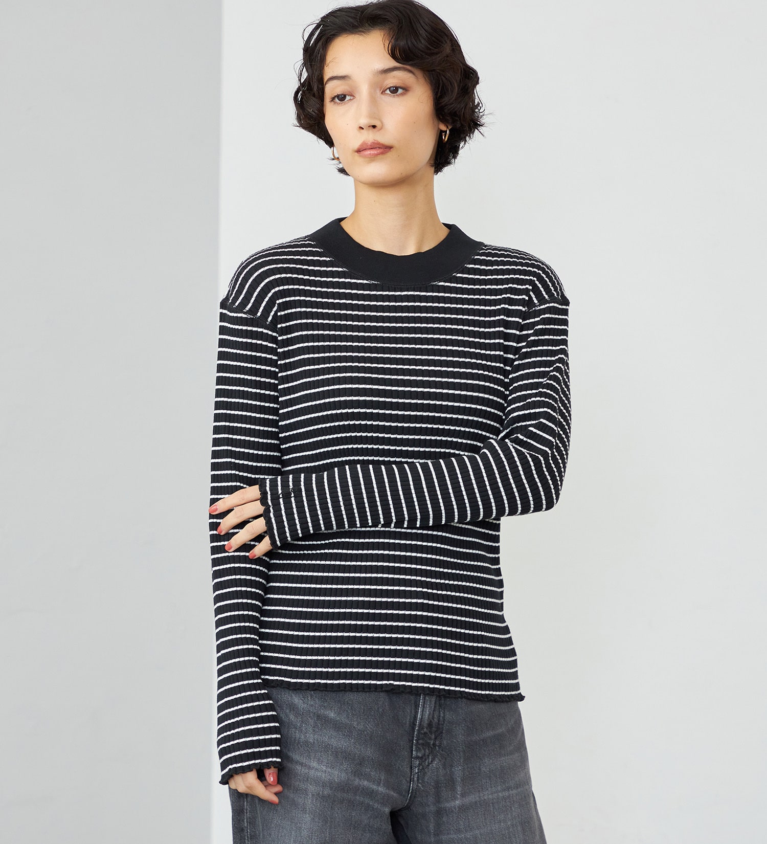 SOMETHING(サムシング)のSOMETHING リブジャカードハイネックカットソー|トップス/Tシャツ/カットソー/レディース|ブラック×ホワイト