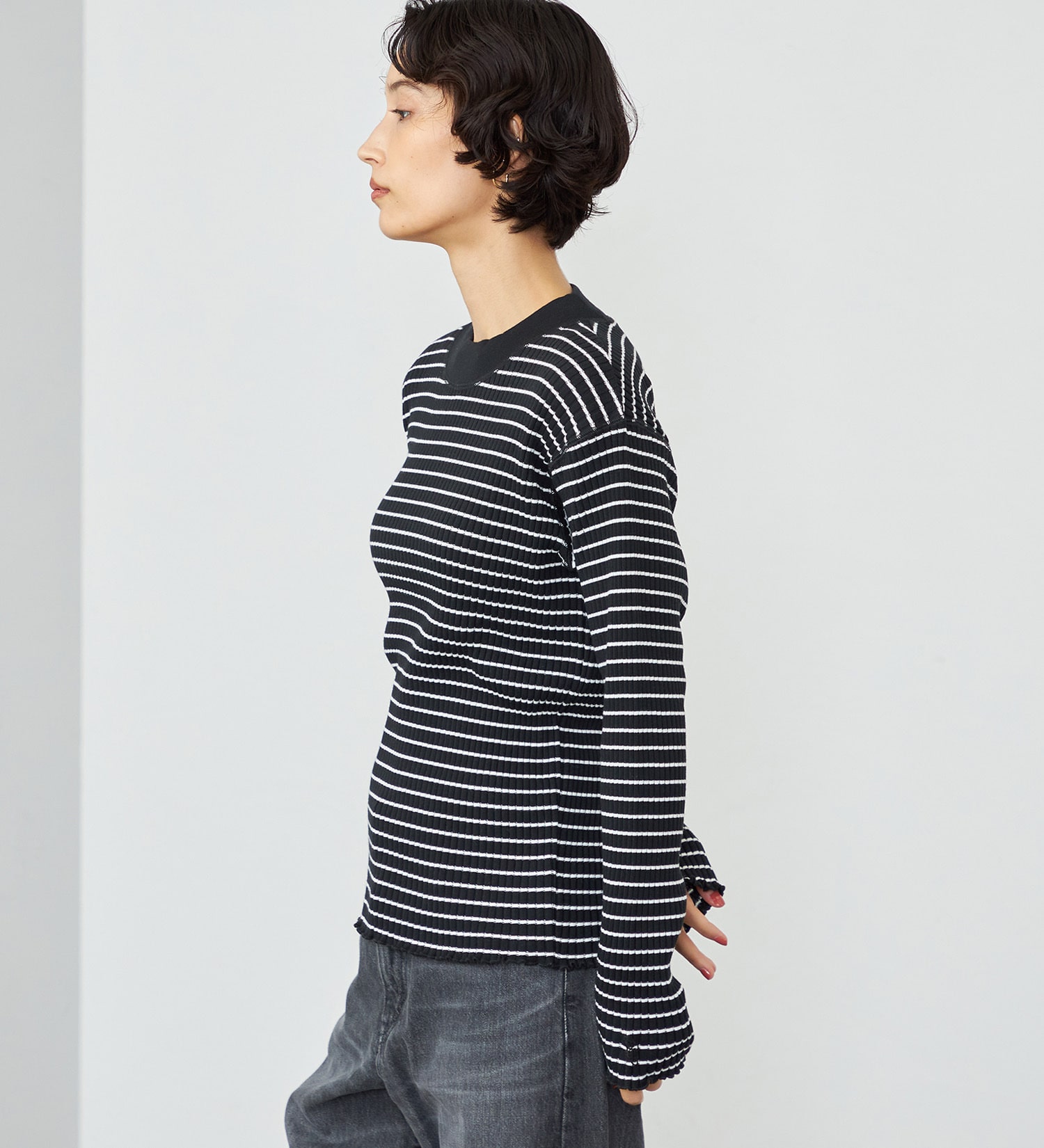 SOMETHING(サムシング)のSOMETHING リブジャカードハイネックカットソー|トップス/Tシャツ/カットソー/レディース|ブラック×ホワイト