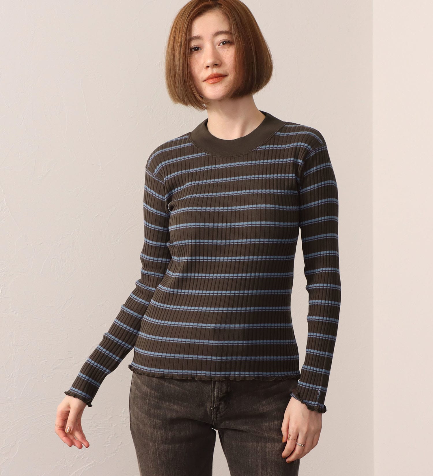 SOMETHING(サムシング)のSOMETHING リブ ジャカード ハイ ネック カットソー ロング スリーブ|トップス/Tシャツ/カットソー/レディース|ブラウン
