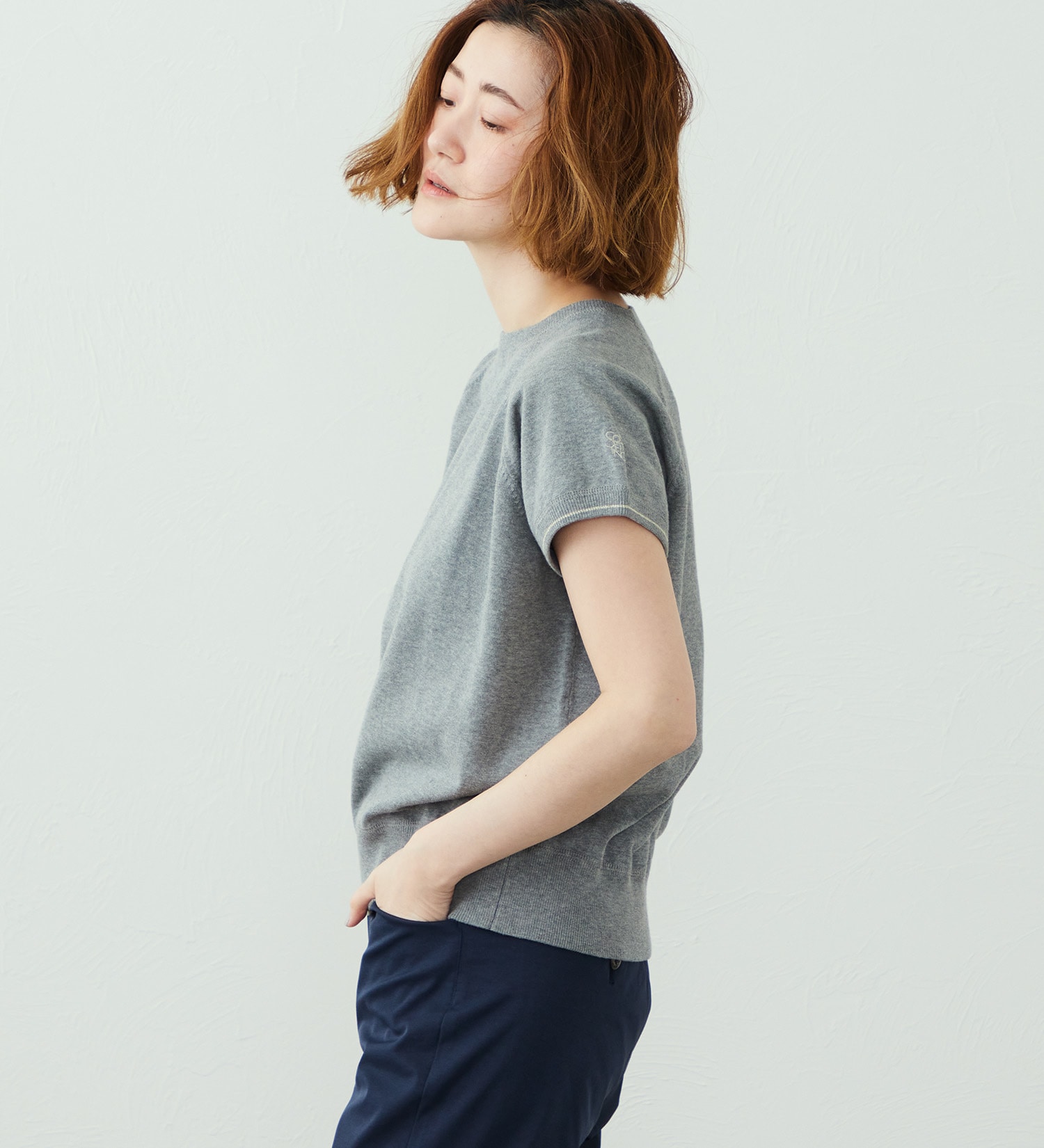 SOMETHING(サムシング)のSOMETHING コットンニット半袖Tシャツ|トップス/Tシャツ/カットソー/レディース|グレー