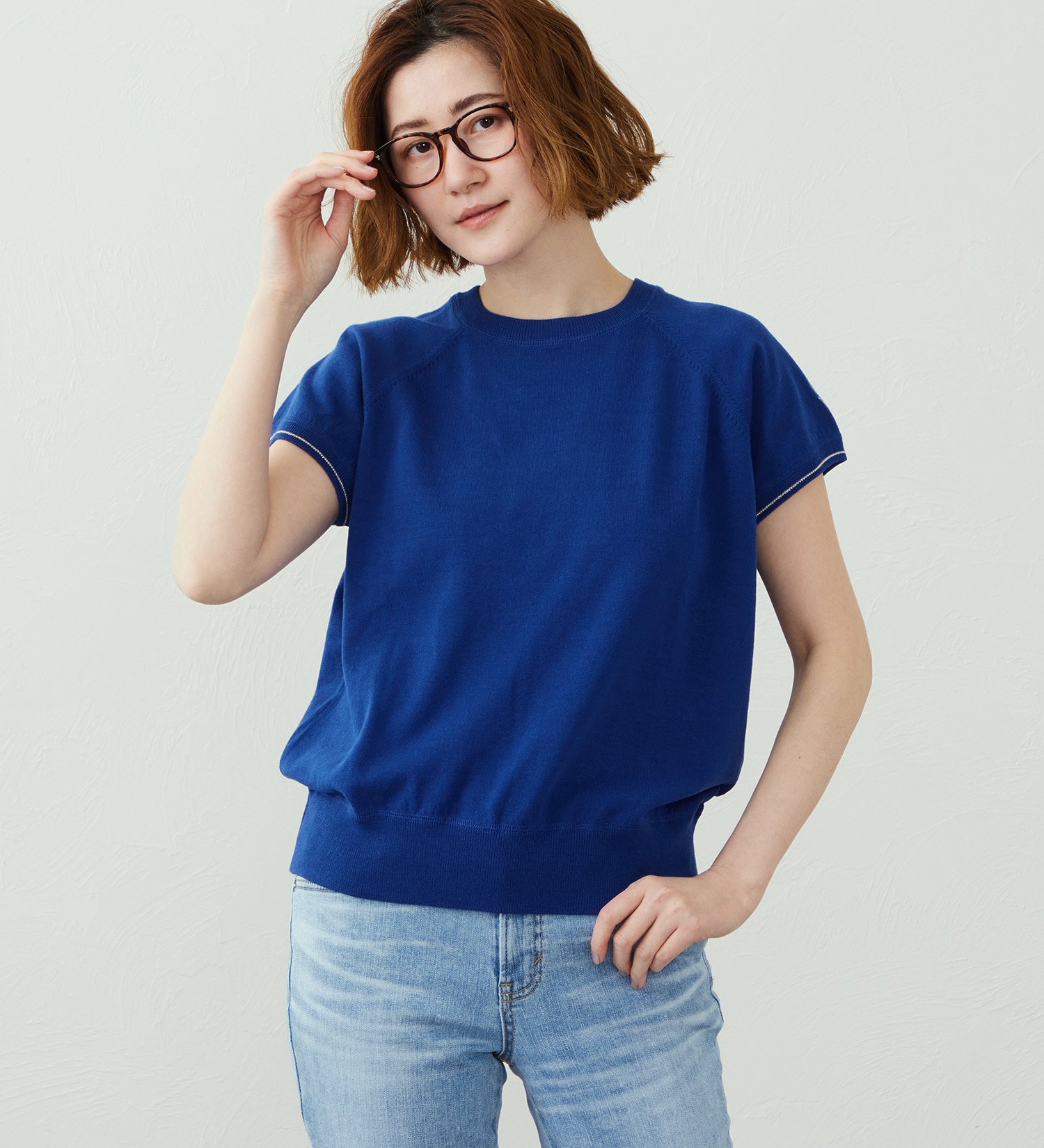 SOMETHING(サムシング)のSOMETHING コットンニット半袖Tシャツ|トップス/Tシャツ/カットソー/レディース|ブルー