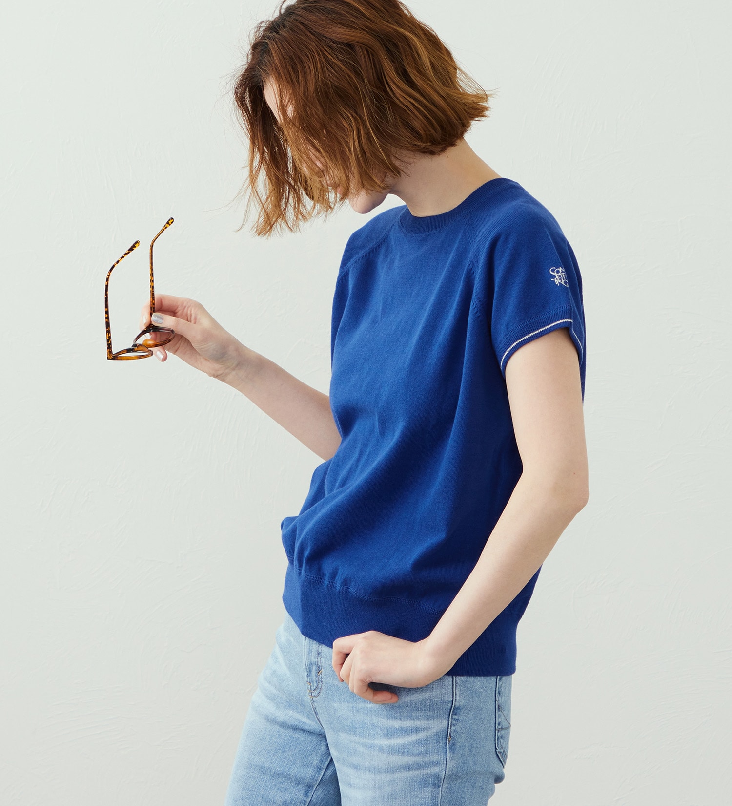 SOMETHING(サムシング)のSOMETHING コットンニット半袖Tシャツ|トップス/Tシャツ/カットソー/レディース|ブルー