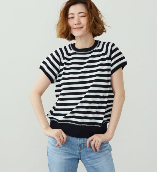 SOMETHING(サムシング)のSOMETHING コットンニット半袖Tシャツ|トップス/Tシャツ/カットソー/レディース|ホワイト×ネイビー