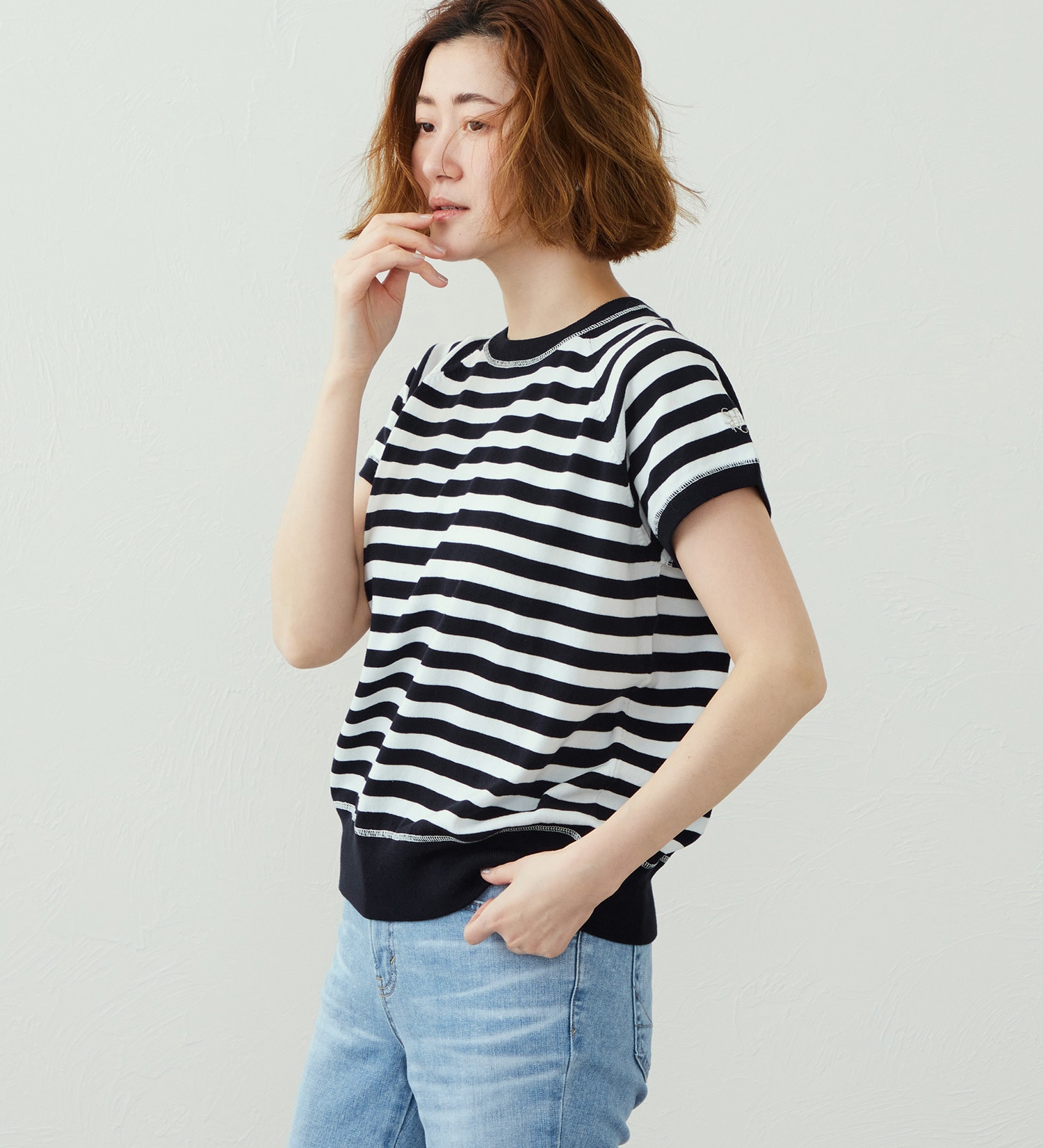 SOMETHING(サムシング)のSOMETHING コットンニット半袖Tシャツ|トップス/Tシャツ/カットソー/レディース|ホワイト×ネイビー