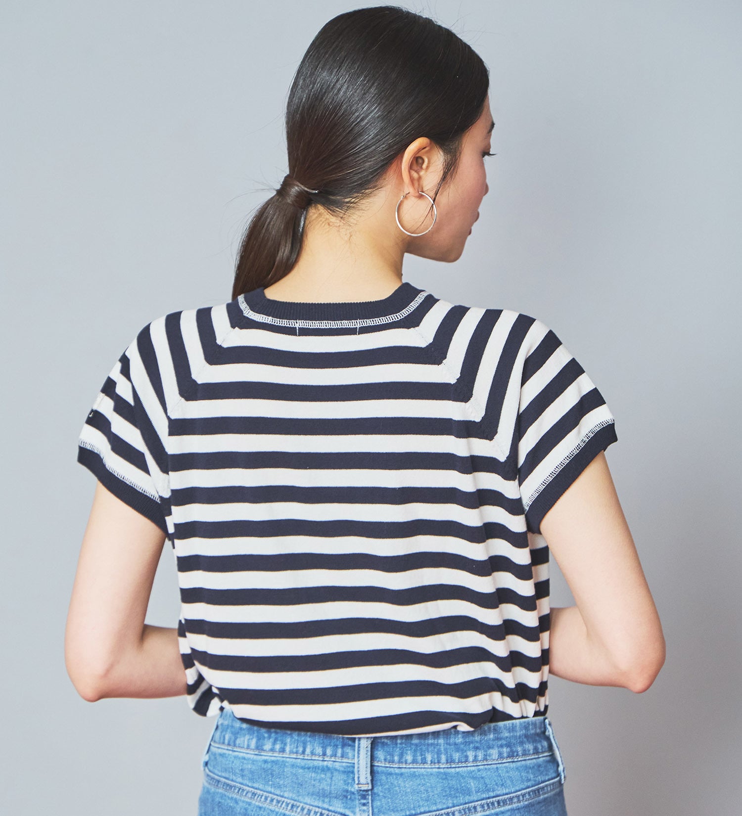 SOMETHING(サムシング)のSOMETHING コットンニット半袖Tシャツ|トップス/Tシャツ/カットソー/レディース|ホワイト×ネイビー