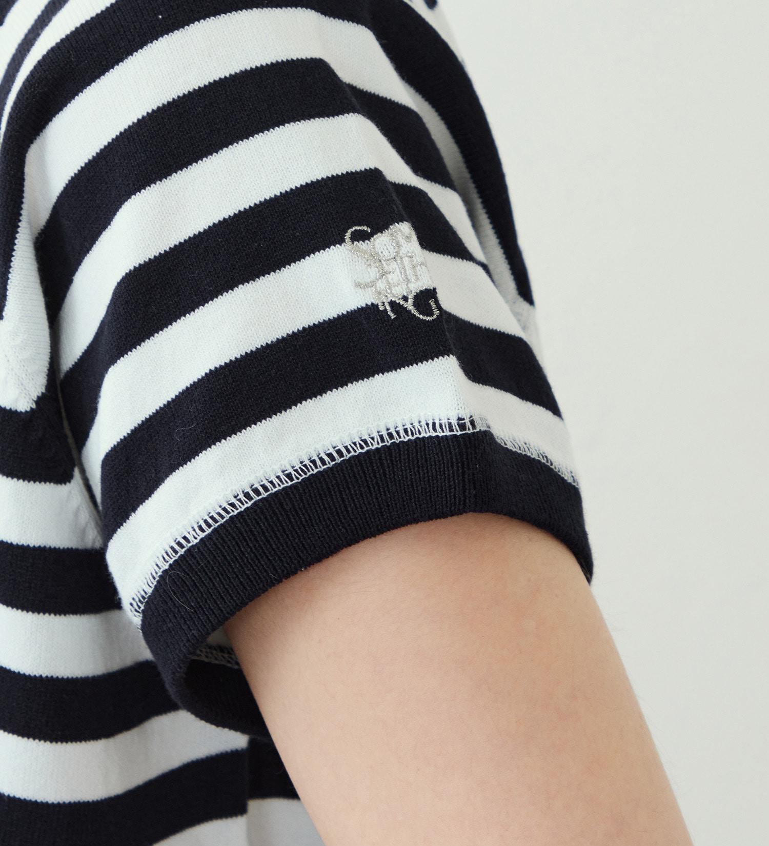 SOMETHING(サムシング)のSOMETHING コットンニット半袖Tシャツ|トップス/Tシャツ/カットソー/レディース|ホワイト×ネイビー