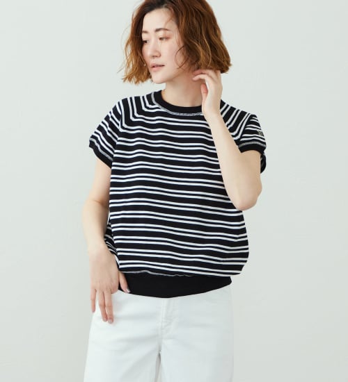 SOMETHING(サムシング)のSOMETHING コットンニット半袖Tシャツ|トップス/Tシャツ/カットソー/レディース|ホワイト×ブラック