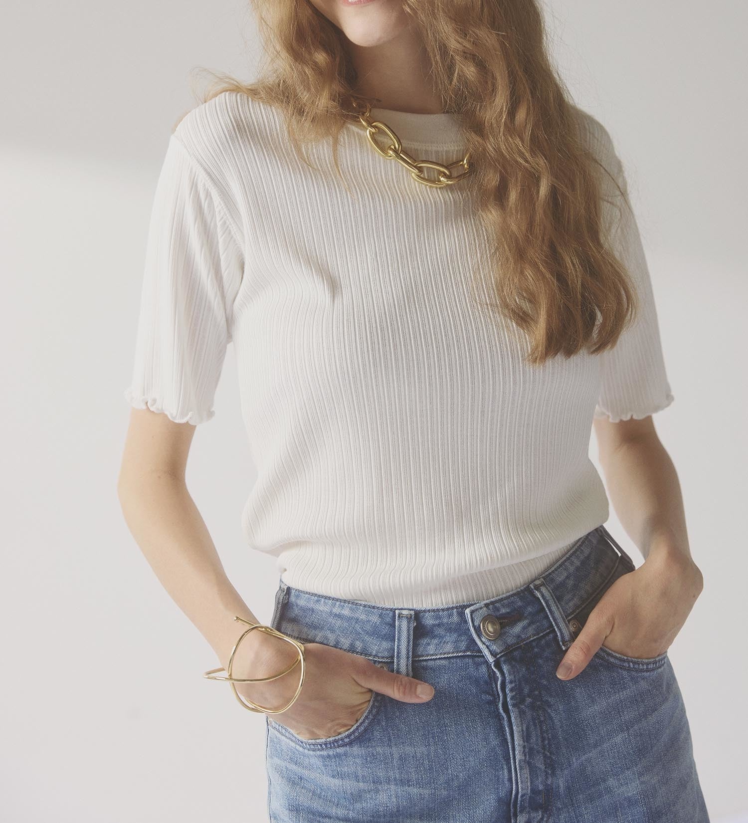 SOMETHING(サムシング)のSOMETHING リブジャカードミッドスリーブカットソー|トップス/Tシャツ/カットソー/レディース|ホワイト