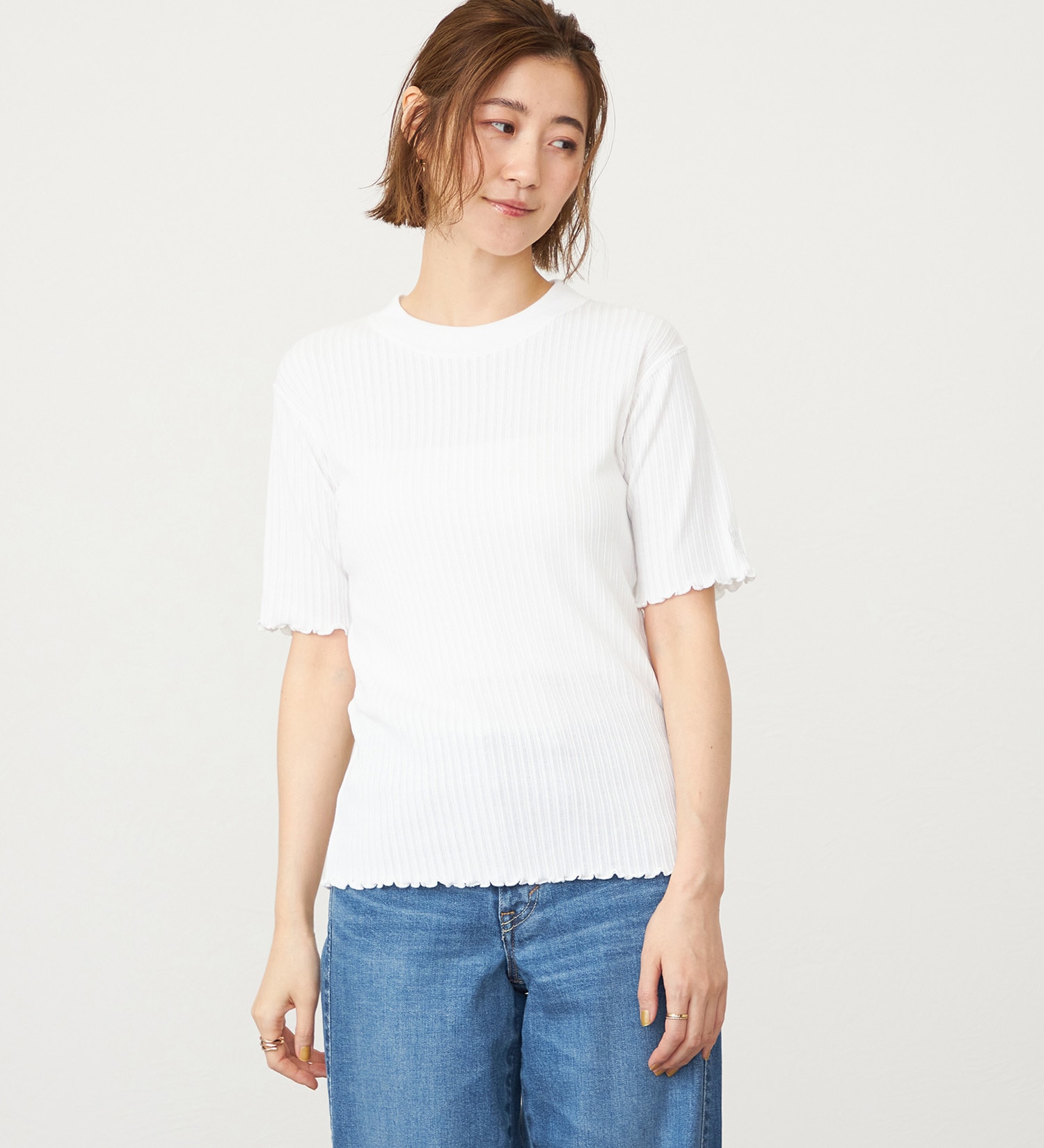 SOMETHING(サムシング)のSOMETHING リブジャカードミッドスリーブカットソー|トップス/Tシャツ/カットソー/レディース|ホワイト