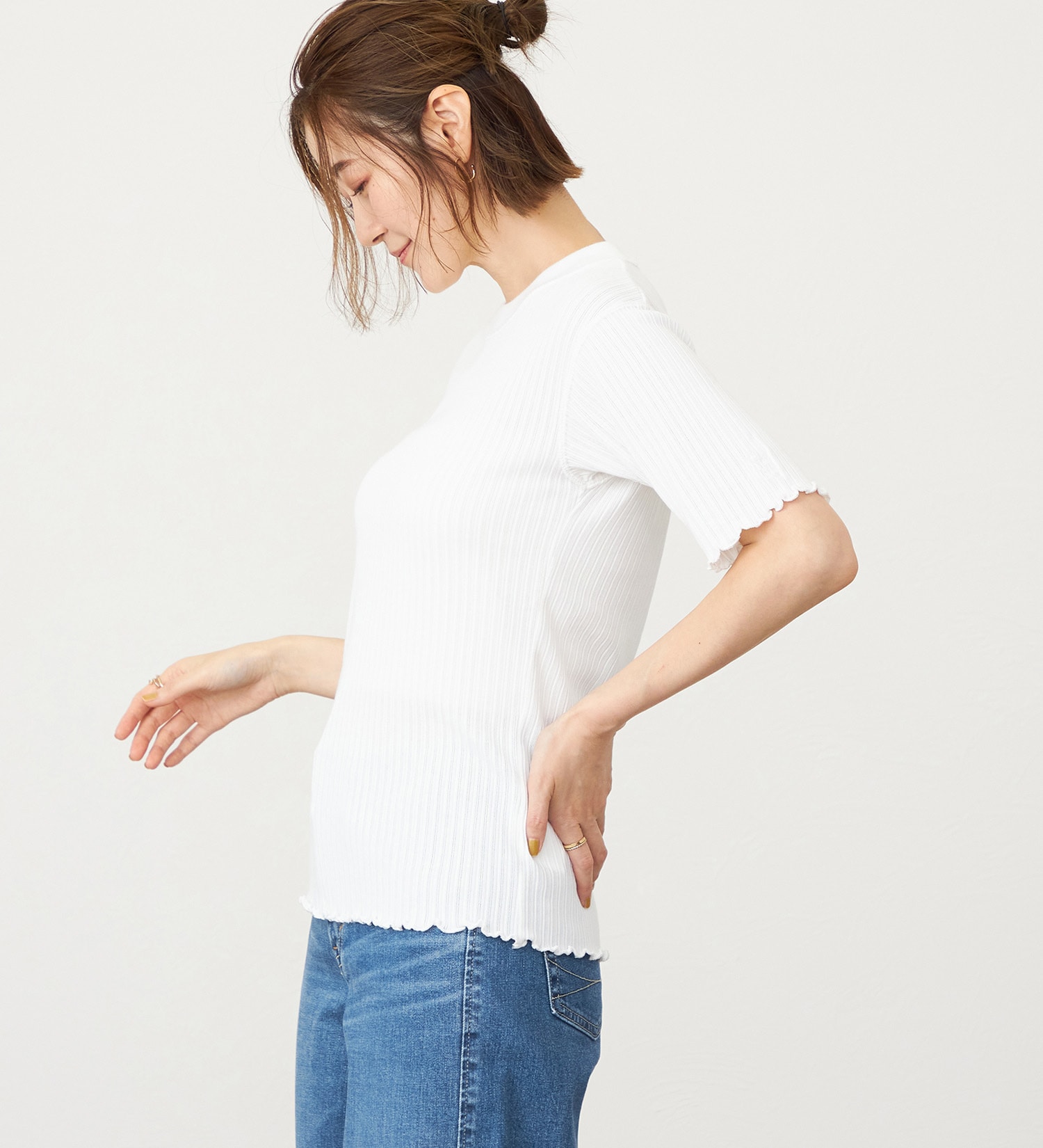 SOMETHING(サムシング)のSOMETHING リブジャカードミッドスリーブカットソー|トップス/Tシャツ/カットソー/レディース|ホワイト