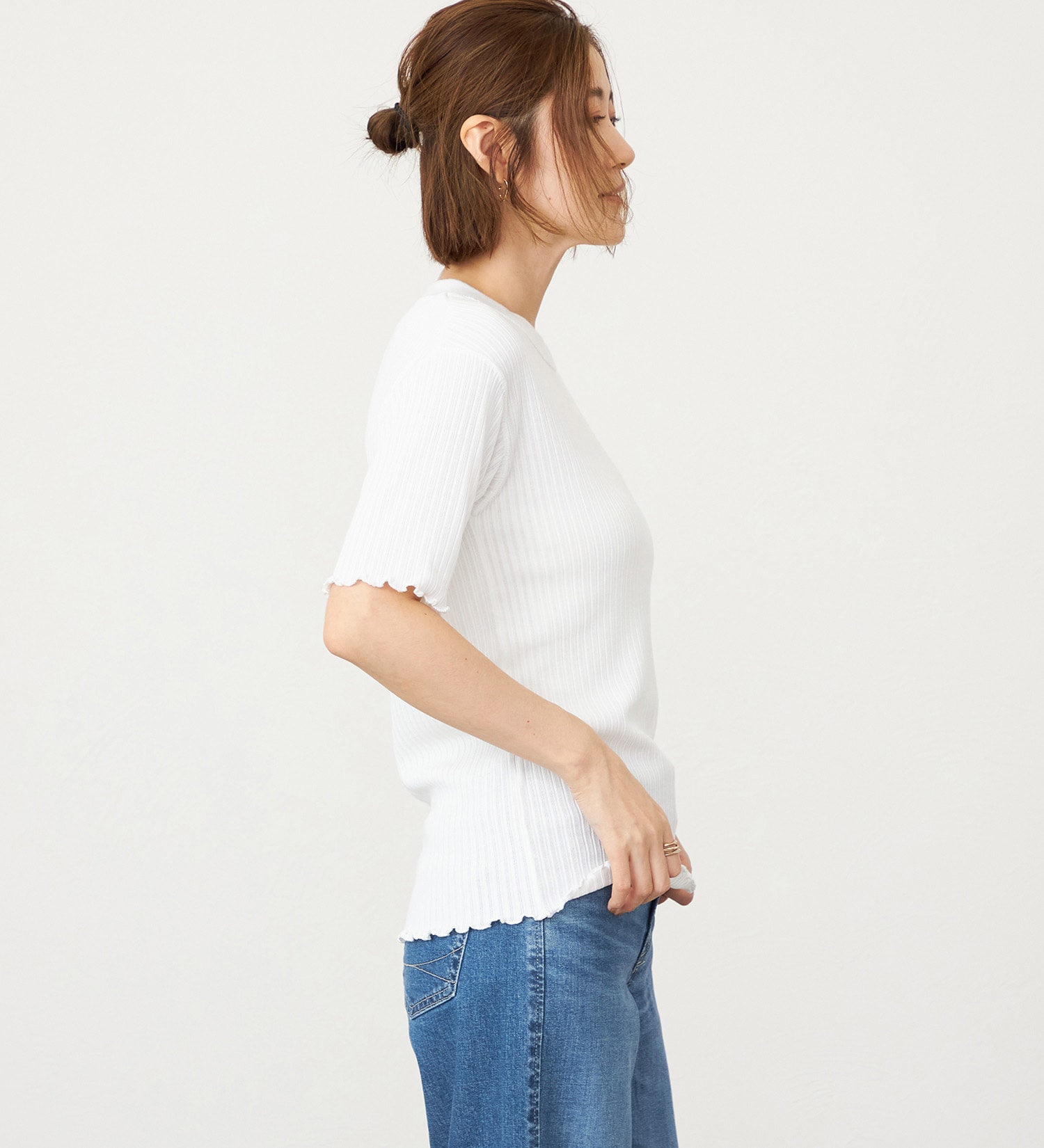 SOMETHING(サムシング)のSOMETHING リブジャカードミッドスリーブカットソー|トップス/Tシャツ/カットソー/レディース|ホワイト