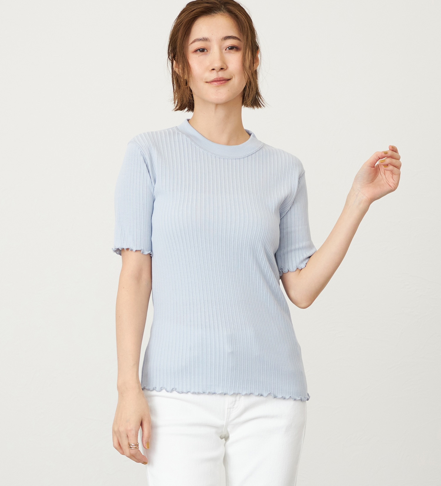 SOMETHING(サムシング)のSOMETHING リブジャカードミッドスリーブカットソー|トップス/Tシャツ/カットソー/レディース|ライトブルー