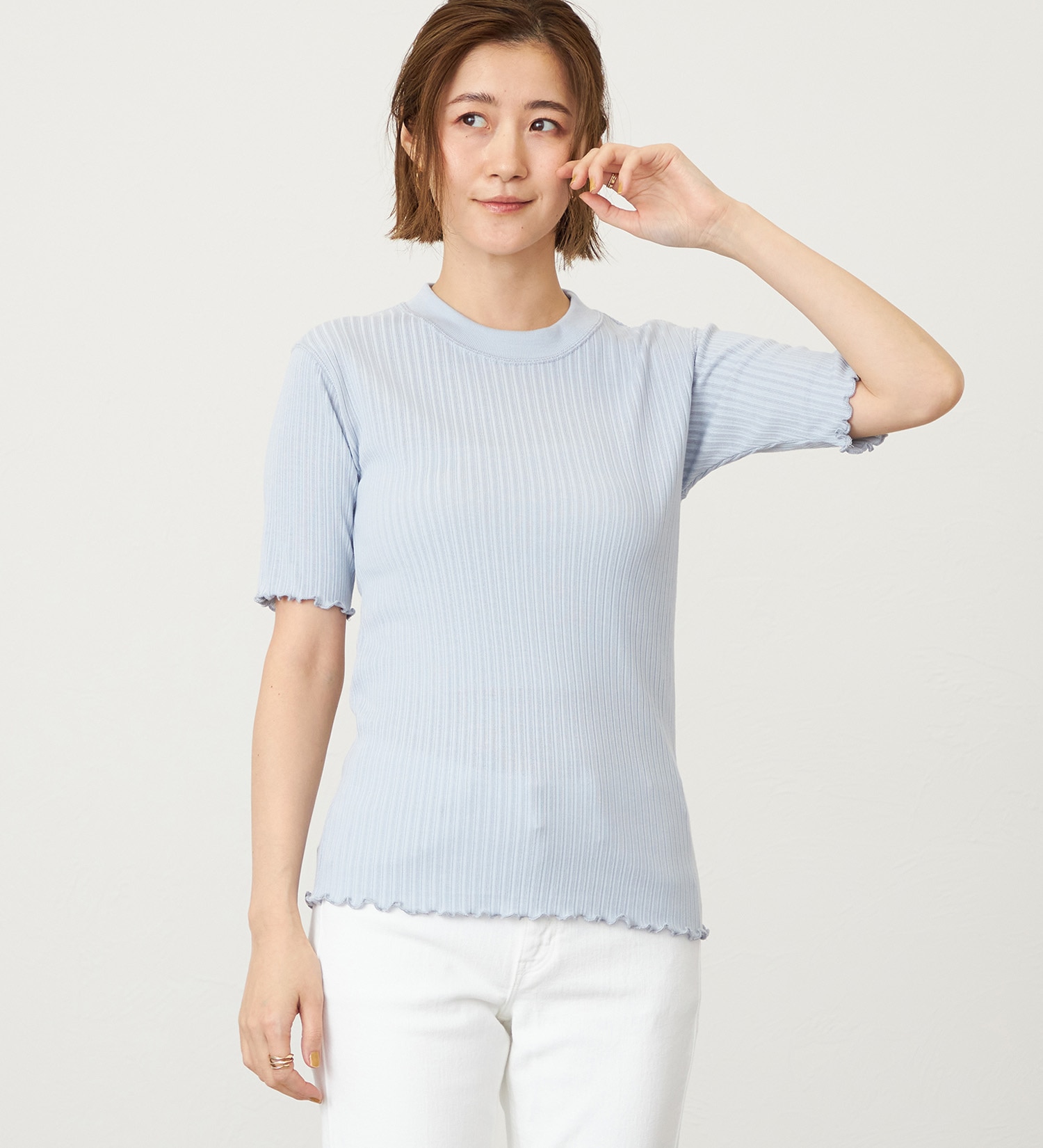 SOMETHING(サムシング)のSOMETHING リブジャカードミッドスリーブカットソー|トップス/Tシャツ/カットソー/レディース|ライトブルー