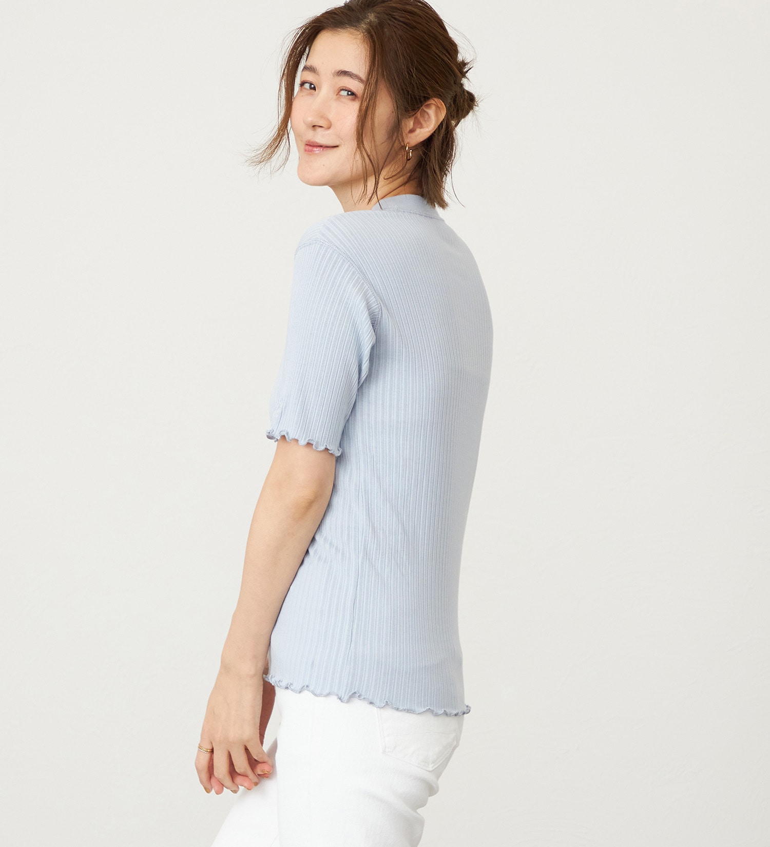SOMETHING(サムシング)のSOMETHING リブジャカードミッドスリーブカットソー|トップス/Tシャツ/カットソー/レディース|ライトブルー