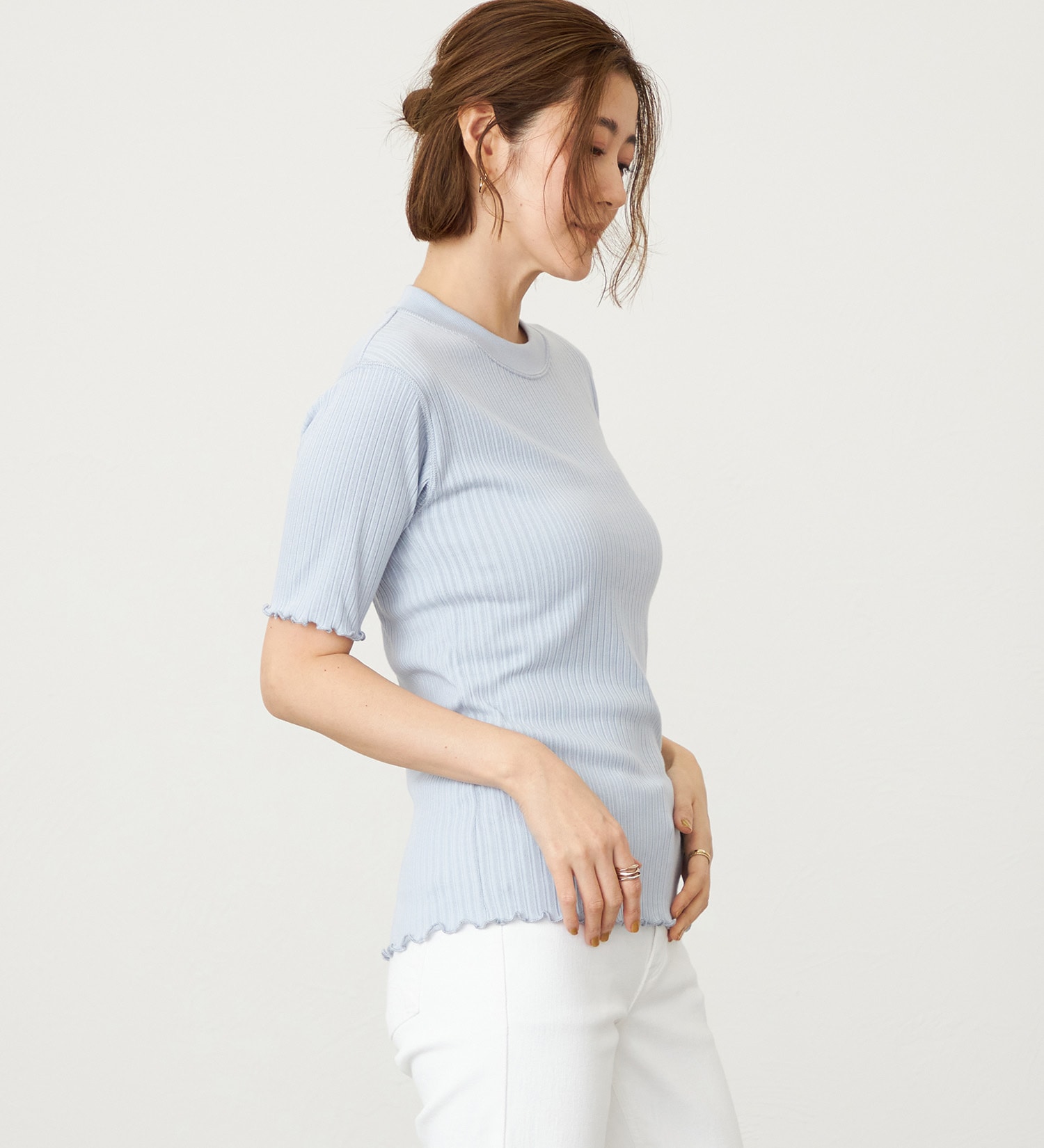 SOMETHING(サムシング)のSOMETHING リブジャカードミッドスリーブカットソー|トップス/Tシャツ/カットソー/レディース|ライトブルー