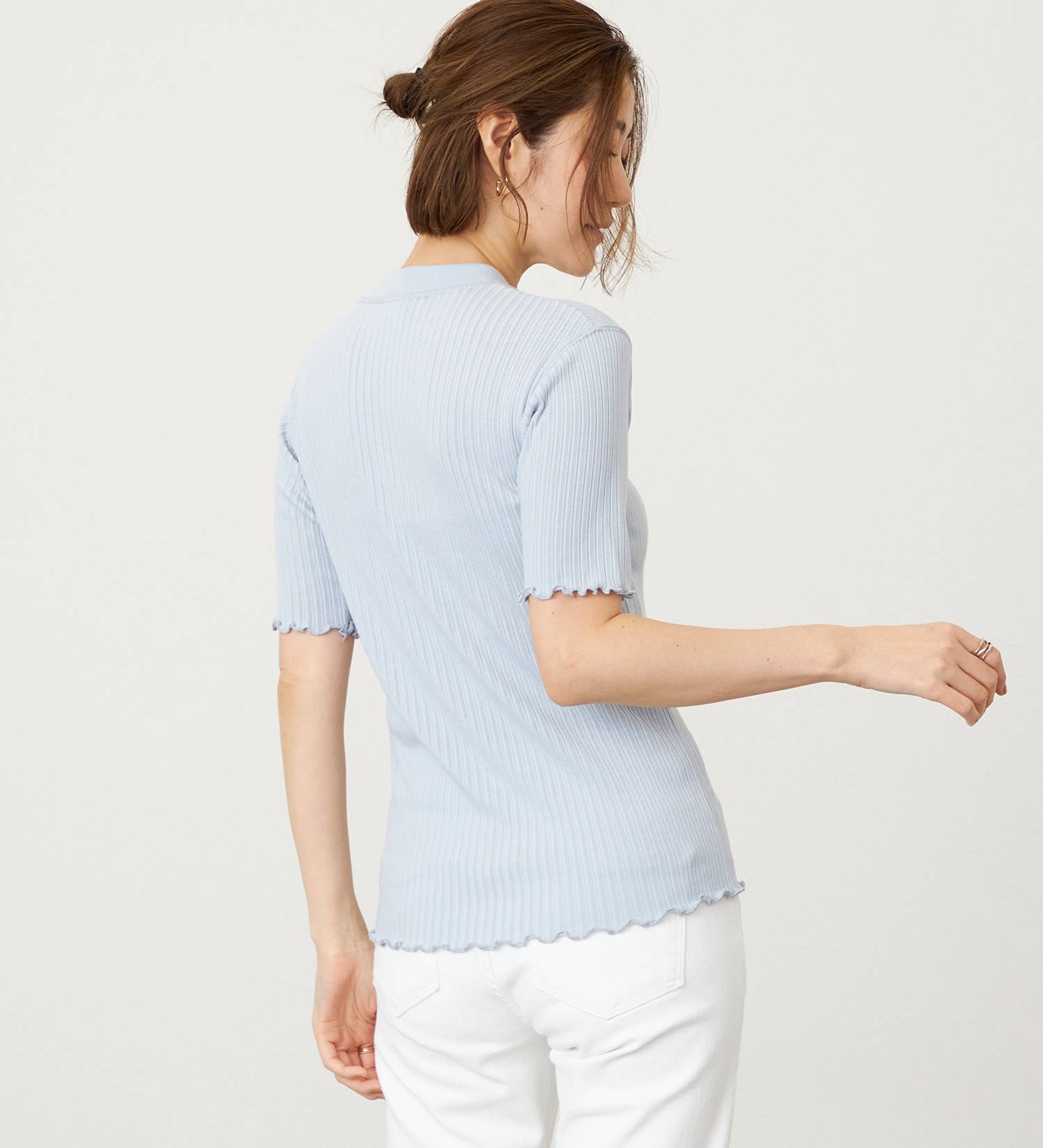 SOMETHING(サムシング)のSOMETHING リブジャカードミッドスリーブカットソー|トップス/Tシャツ/カットソー/レディース|ライトブルー