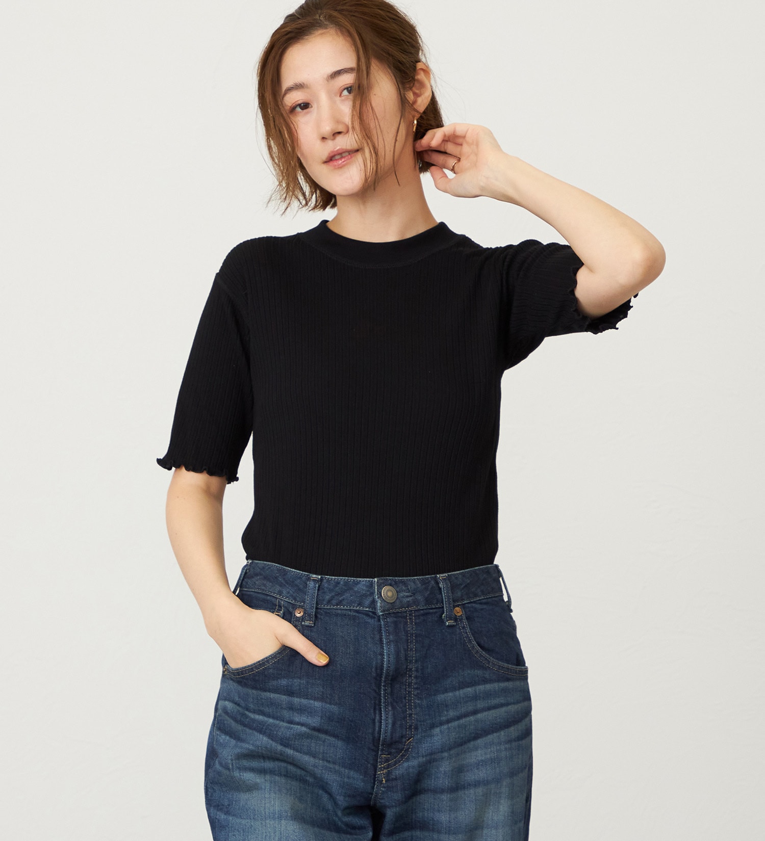 SOMETHING(サムシング)のSOMETHING リブジャカードミッドスリーブカットソー|トップス/Tシャツ/カットソー/レディース|ブラック