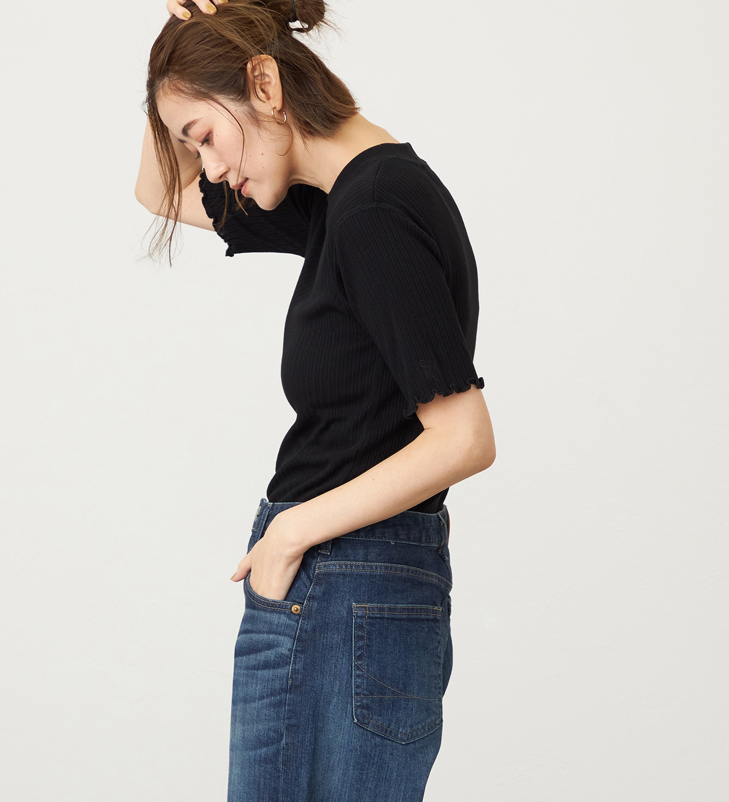 SOMETHING(サムシング)のSOMETHING リブジャカードミッドスリーブカットソー|トップス/Tシャツ/カットソー/レディース|ブラック