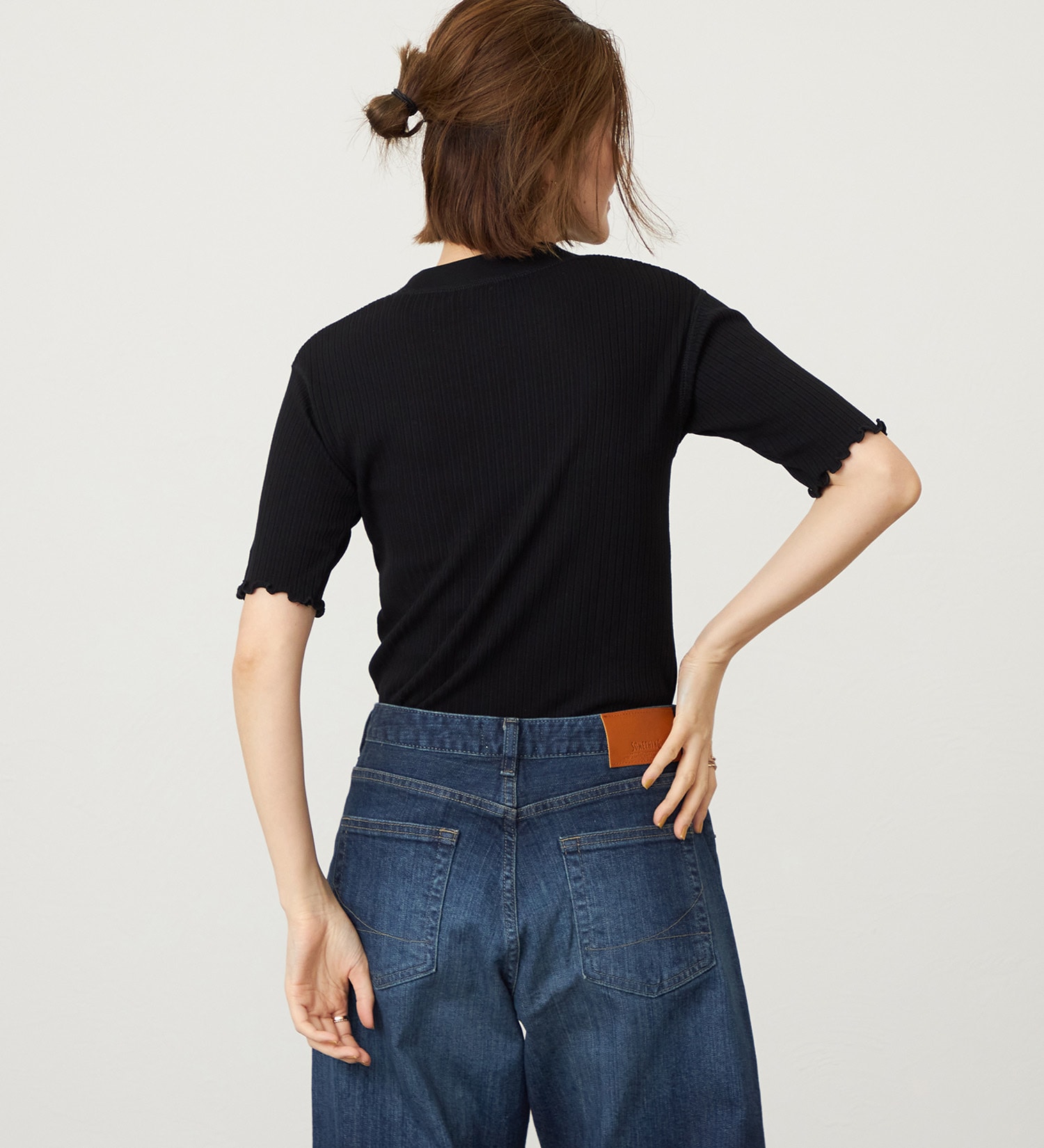 SOMETHING(サムシング)のSOMETHING リブジャカードミッドスリーブカットソー|トップス/Tシャツ/カットソー/レディース|ブラック