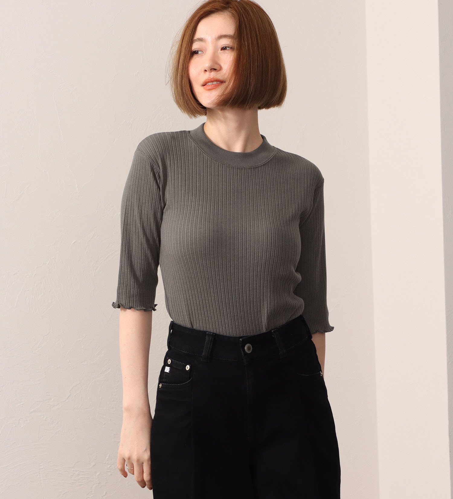 SOMETHING(サムシング)のSOMETHING リブ ジャカード ハイ ネック カットソー ミドル スリーブ|トップス/Tシャツ/カットソー/レディース|グレー
