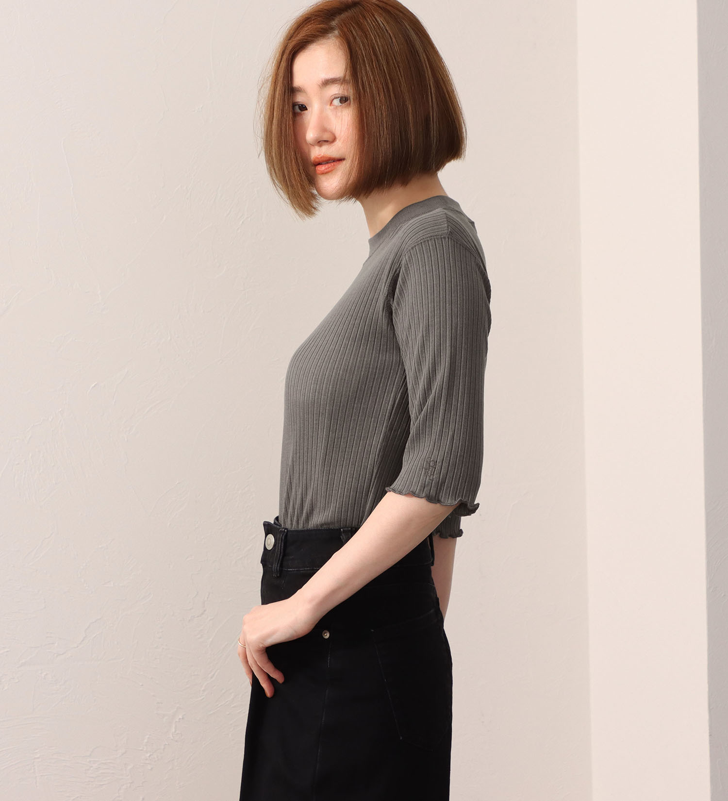 SOMETHING(サムシング)のSOMETHING リブ ジャカード ハイ ネック カットソー ミドル スリーブ|トップス/Tシャツ/カットソー/レディース|グレー