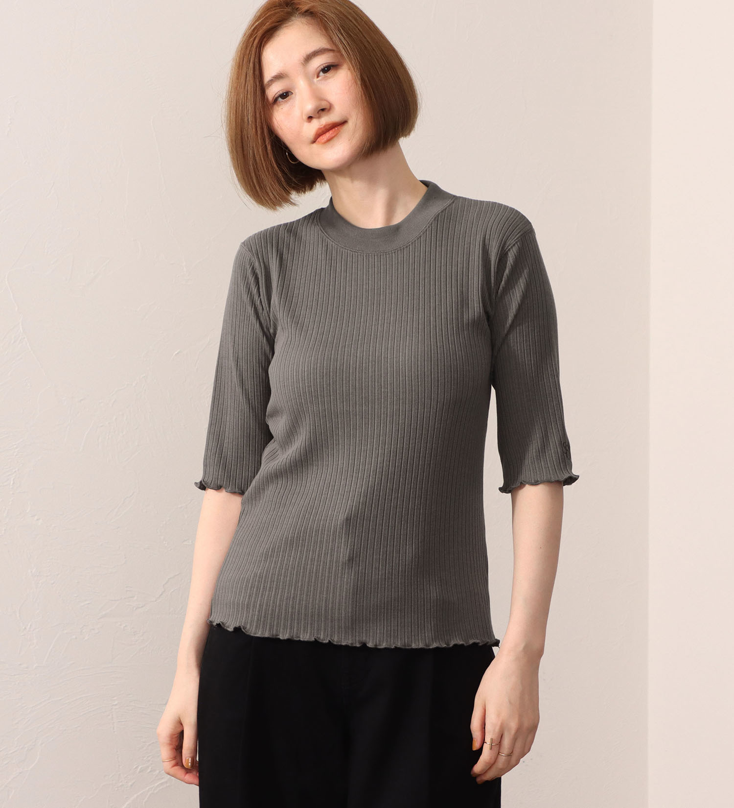 SOMETHING(サムシング)のSOMETHING リブ ジャカード ハイ ネック カットソー ミドル スリーブ|トップス/Tシャツ/カットソー/レディース|グレー