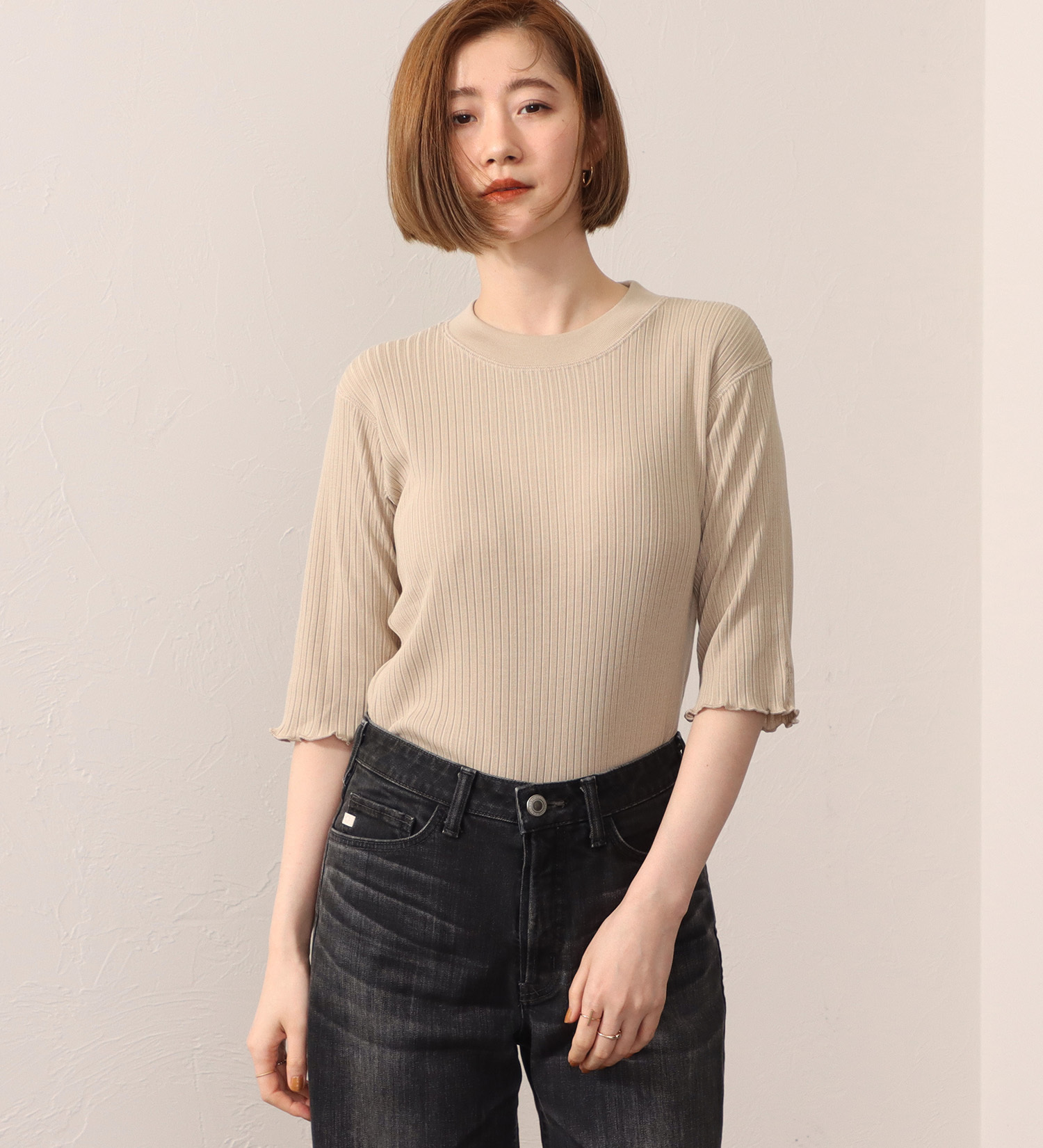 SOMETHING(サムシング)のSOMETHING リブ ジャカード ハイ ネック カットソー ミドル スリーブ|トップス/Tシャツ/カットソー/レディース|ベージュ