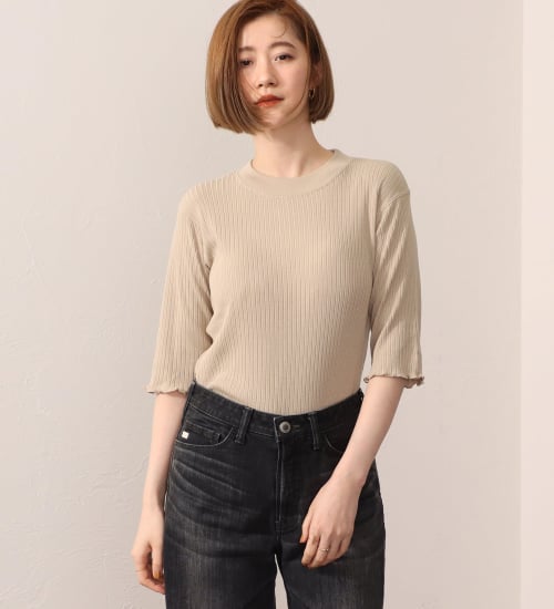 SOMETHING(サムシング)のSOMETHING リブ ジャカード ハイ ネック カットソー ミドル スリーブ|トップス/Tシャツ/カットソー/レディース|ベージュ